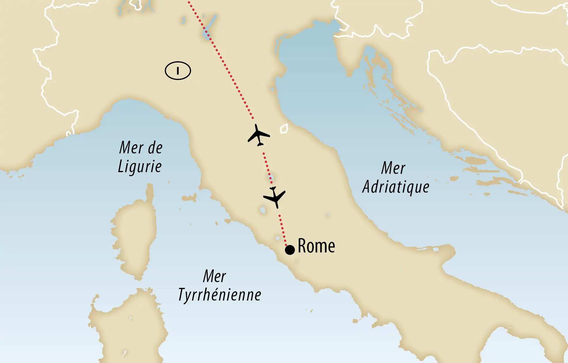 Carte de l’Italie montrant un itinéraire de vol vers Rome entre la mer Ligure et la mer Adriatique
