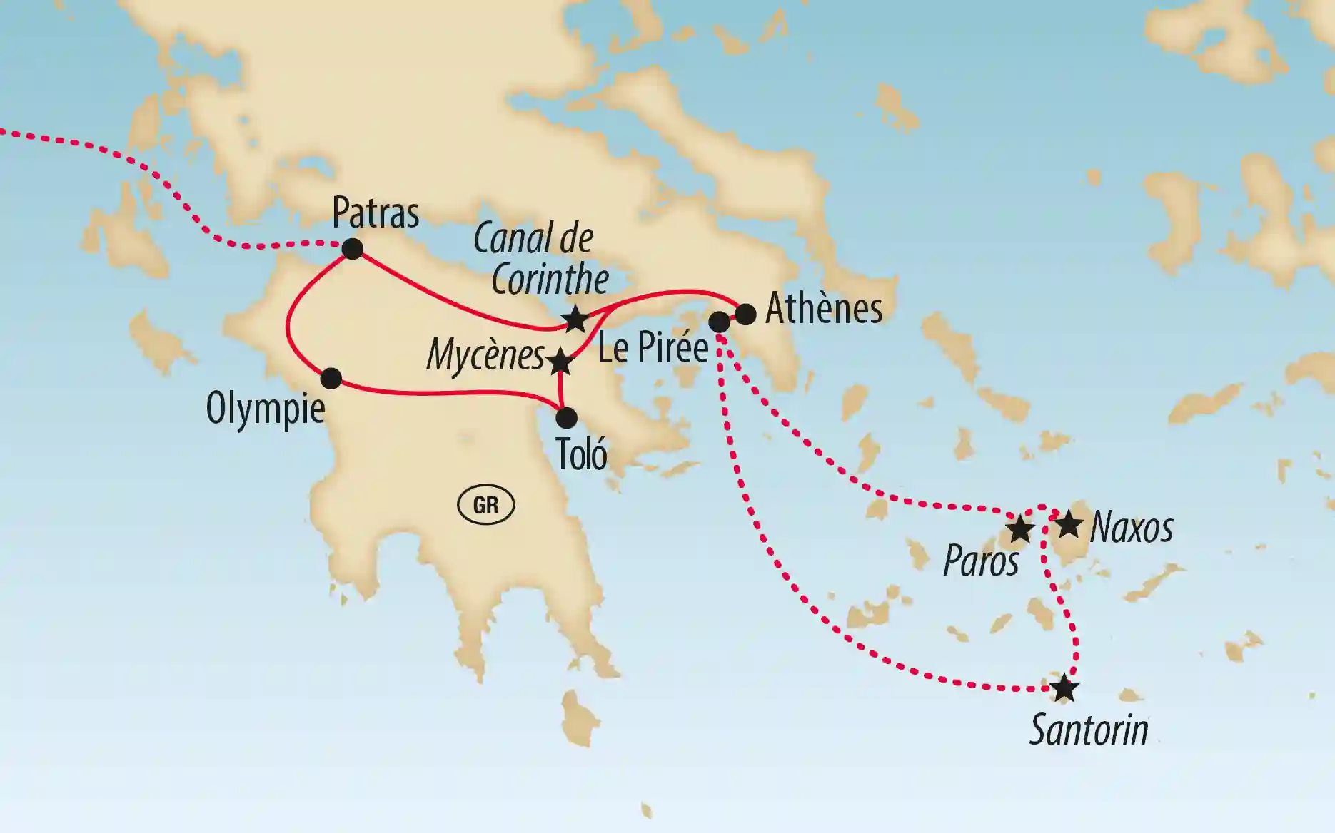 Carte de voyage de la Grèce montrant un itinéraire entre Athènes et les Cyclades.