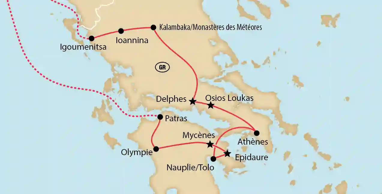 Carte de la Grèce avec itinéraire de circuit et étapes marquées à l’intérieur du pays