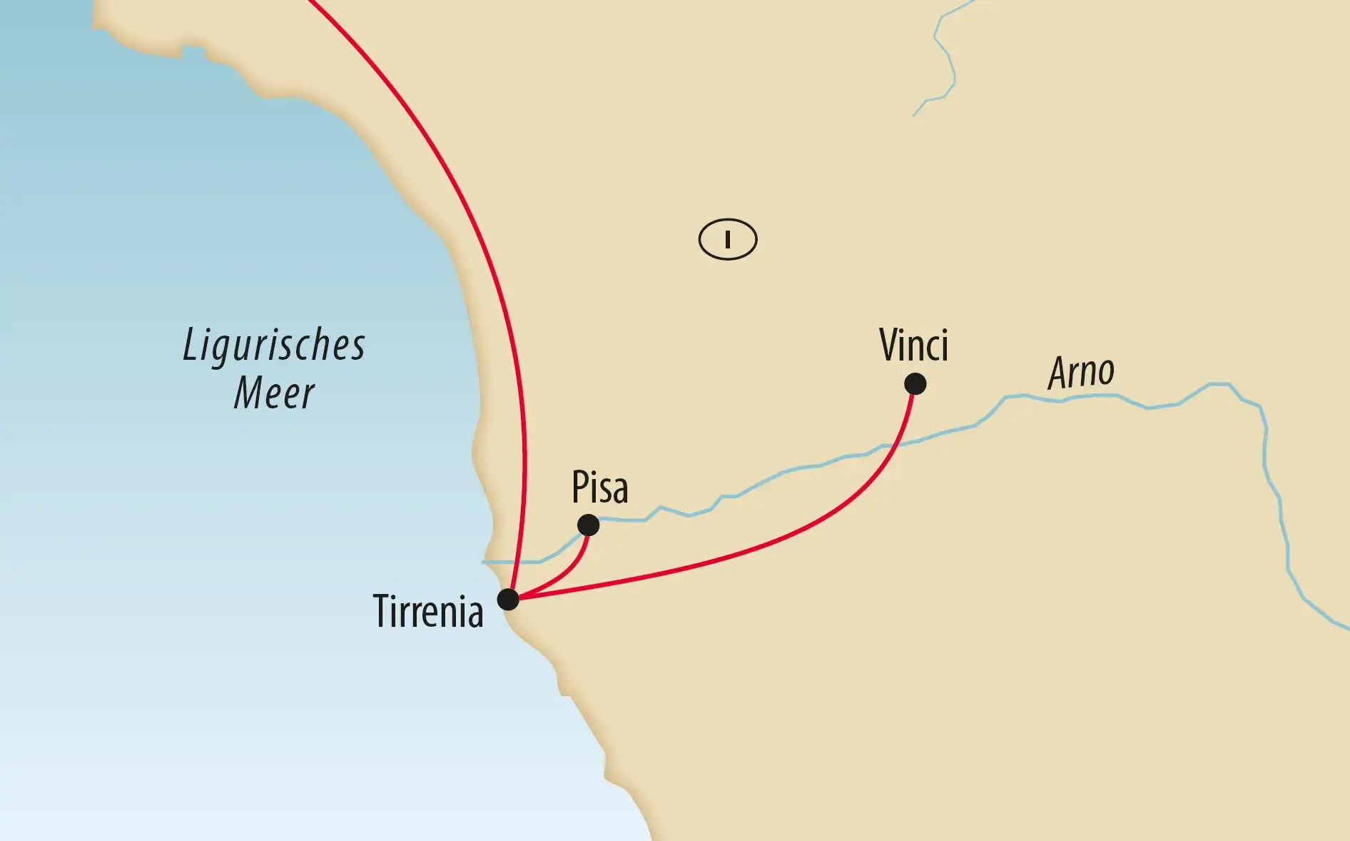 Karte mit Tirrenia, Pisa und Vinci entlang der ligurischen Küste