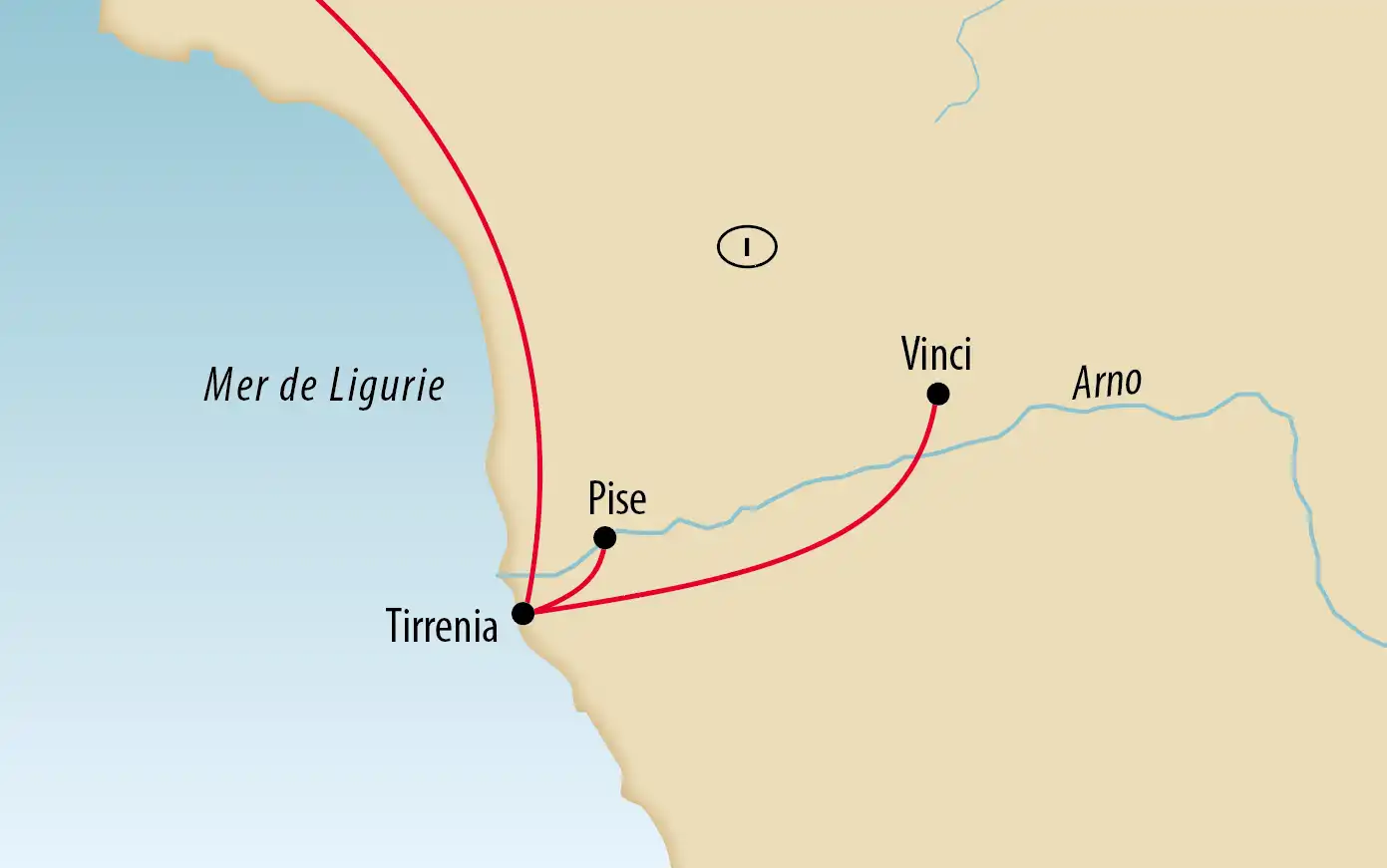 Carte montrant Tirrenia, Pise et Vinci le long de la côte ligurienne