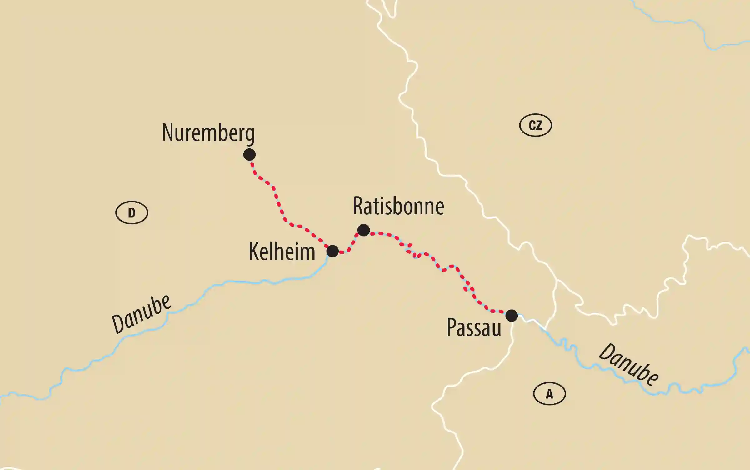 Carte d une croisiere fluviale en Baviere le long du Danube de Nuremberg via Kelheim et Ratisbonne jusqu a Passau.