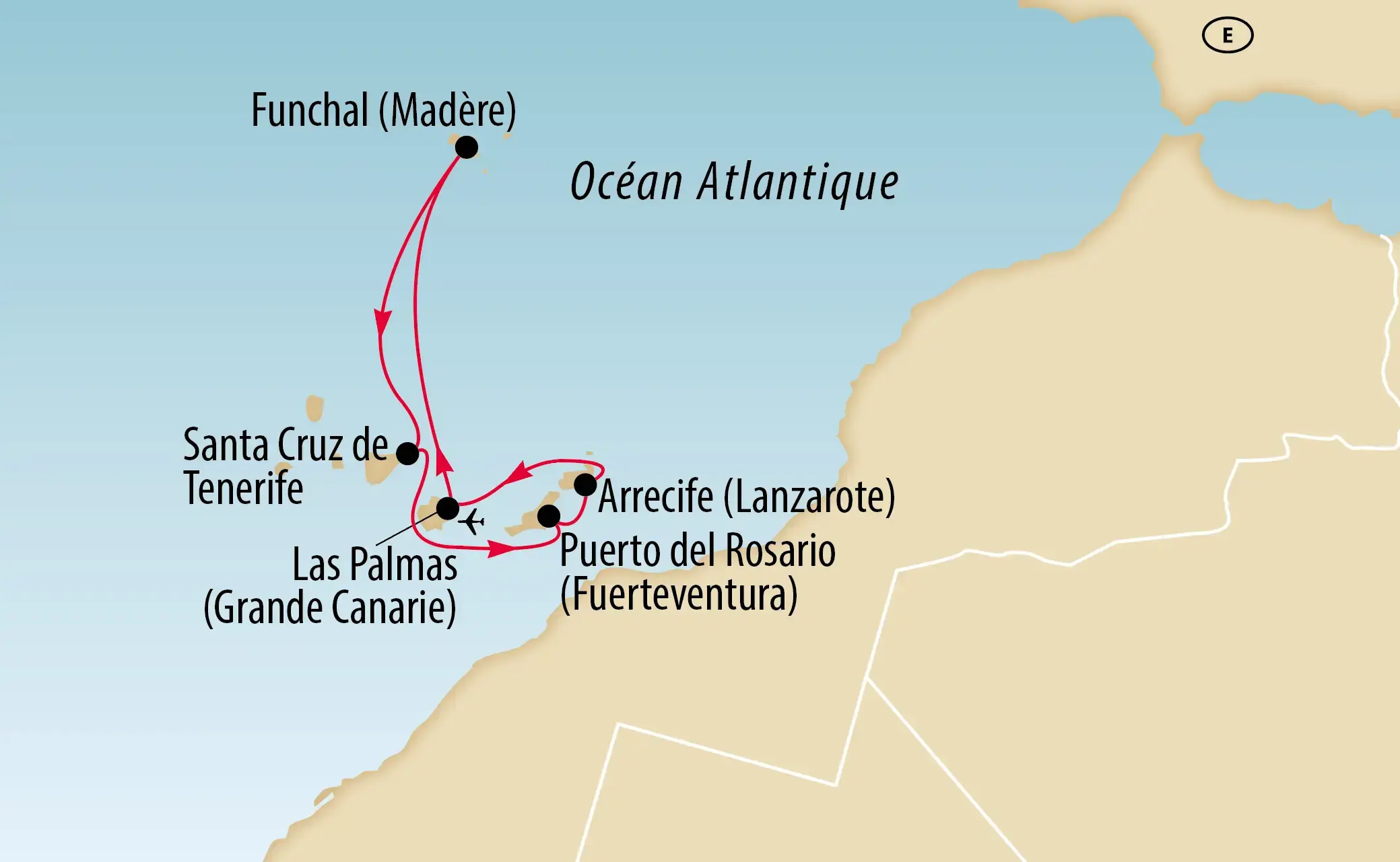 Karte einer Kreuzfahrtroute im Atlantik zwischen Madeira und den Kanarischen Inseln mit Stationen in Funchal, Santa Cruz de Tenerife, Las Palmas de Gran Canaria, Puerto del Rosario auf Fuerteventura und Arrecife auf Lanzarote