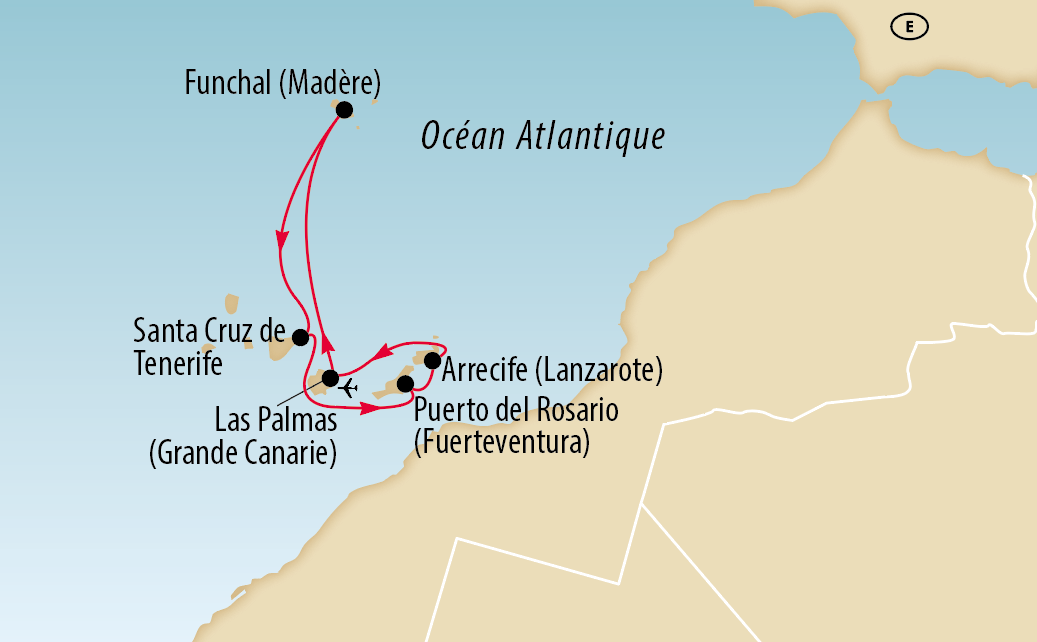 Karte einer Kreuzfahrtroute im Atlantik zwischen Madeira und den Kanarischen Inseln mit Stationen in Funchal, Santa Cruz de Tenerife, Las Palmas de Gran Canaria, Puerto del Rosario auf Fuerteventura und Arrecife auf Lanzarote