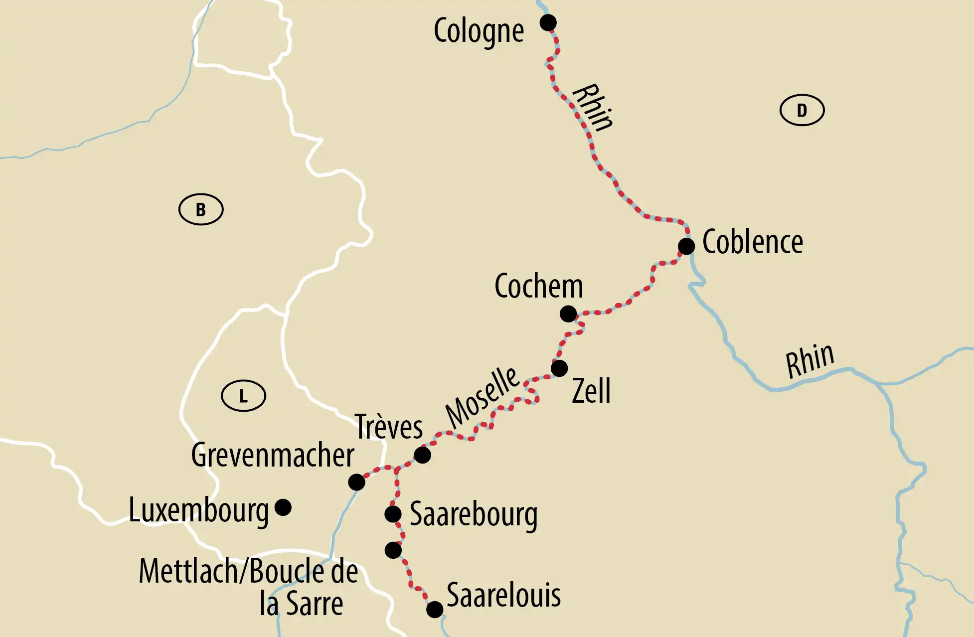 Carte d’itinéraire le long du Rhin et de la Moselle avec des étapes comme Cologne, Coblence, Cochem, Trèves et Luxembourg.