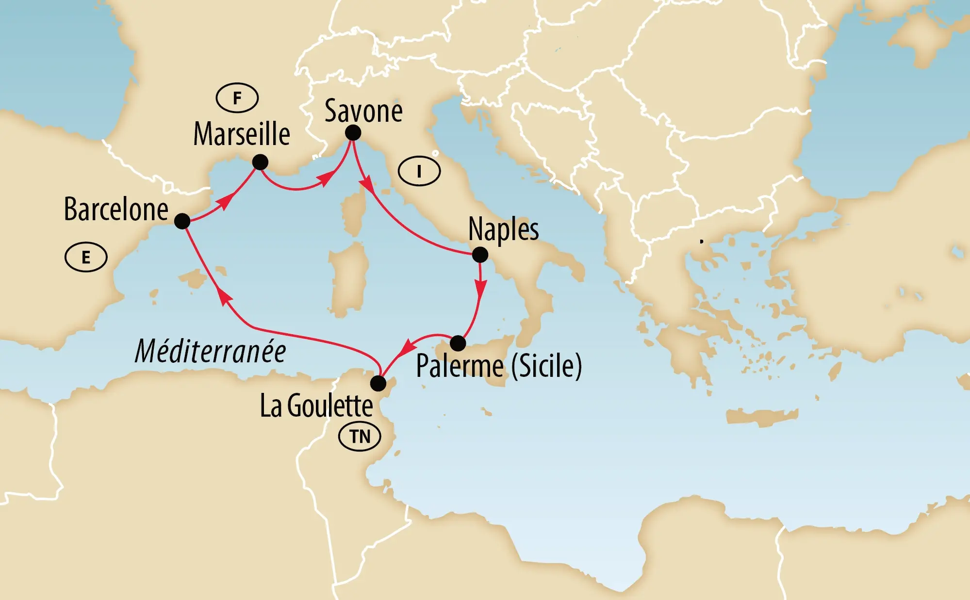 Carte de l'itinéraire de la croisière du Nouvel An en Méditerranée. Le parcours en boucle débute à Savone et passe par Naples, Palerme en Sicile, La Goulette en Tunisie, Barcelone en Espagne et Marseille en France, avant de retourner à Savone.