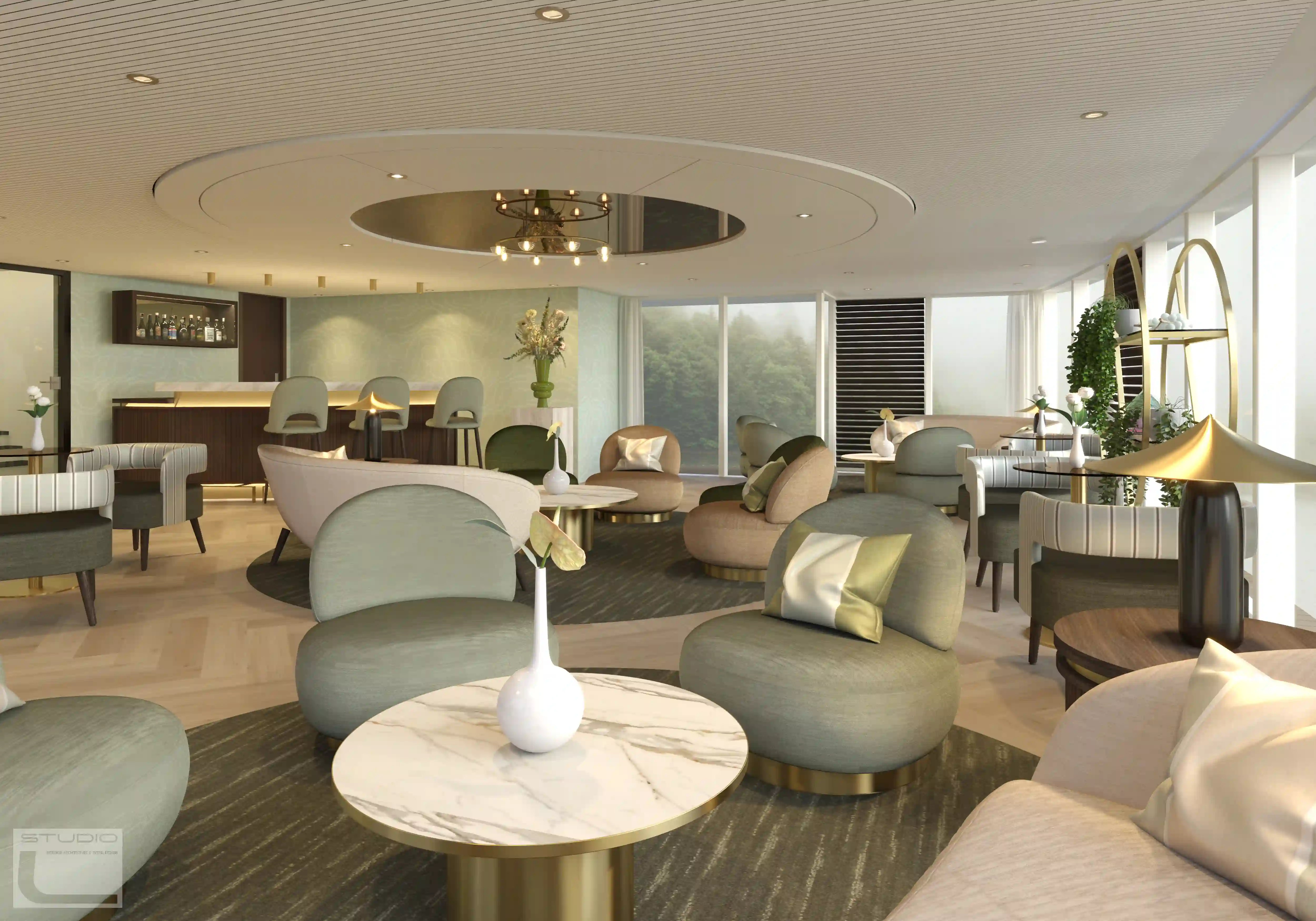 Salon élégant avec fauteuils confortables, tables en marbre et bar à bord d’un bateau de croisière fluviale moderne