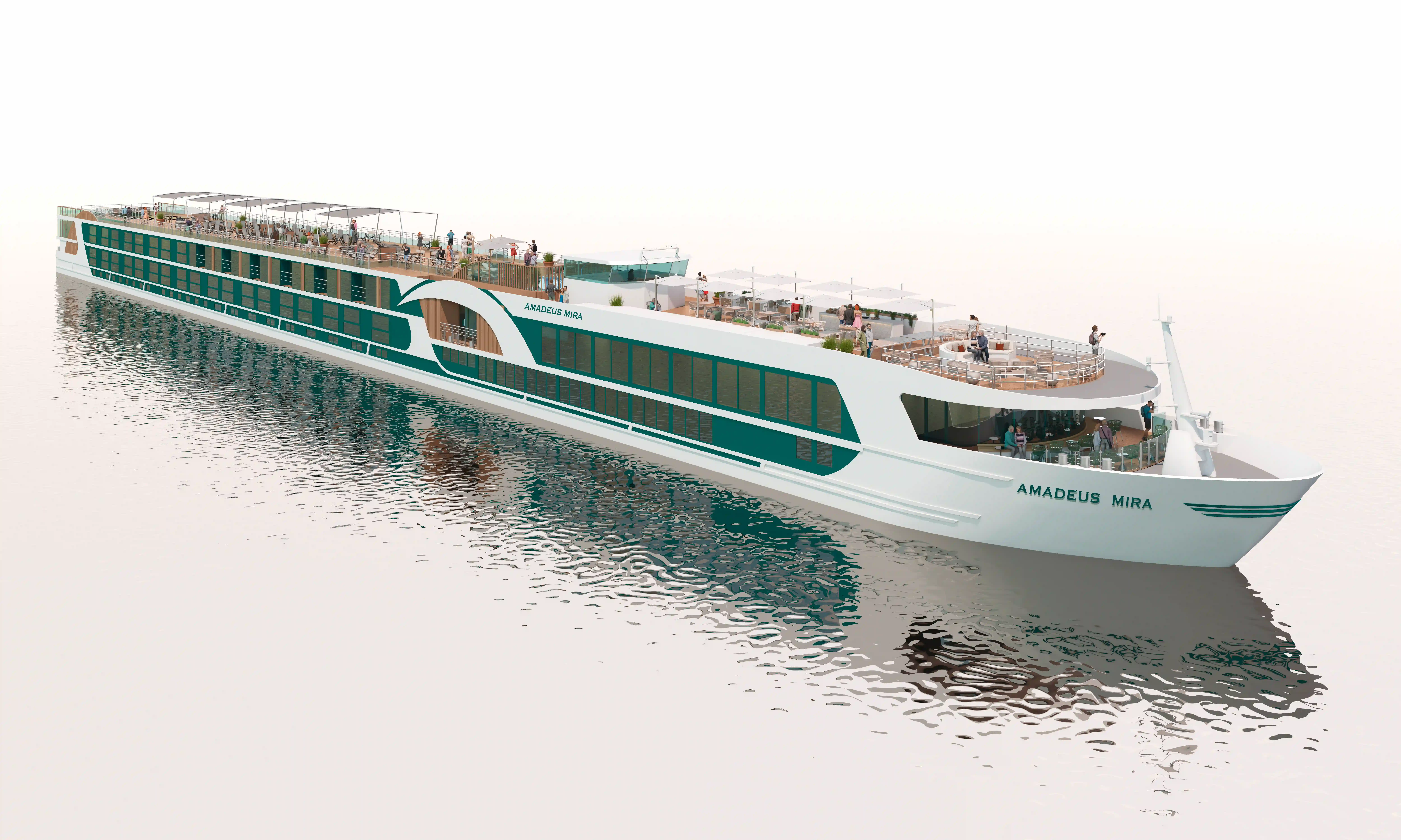 Vue latérale du bateau de croisière fluviale AMADEUS Mira avec pont soleil spacieux et larges baies vitrées