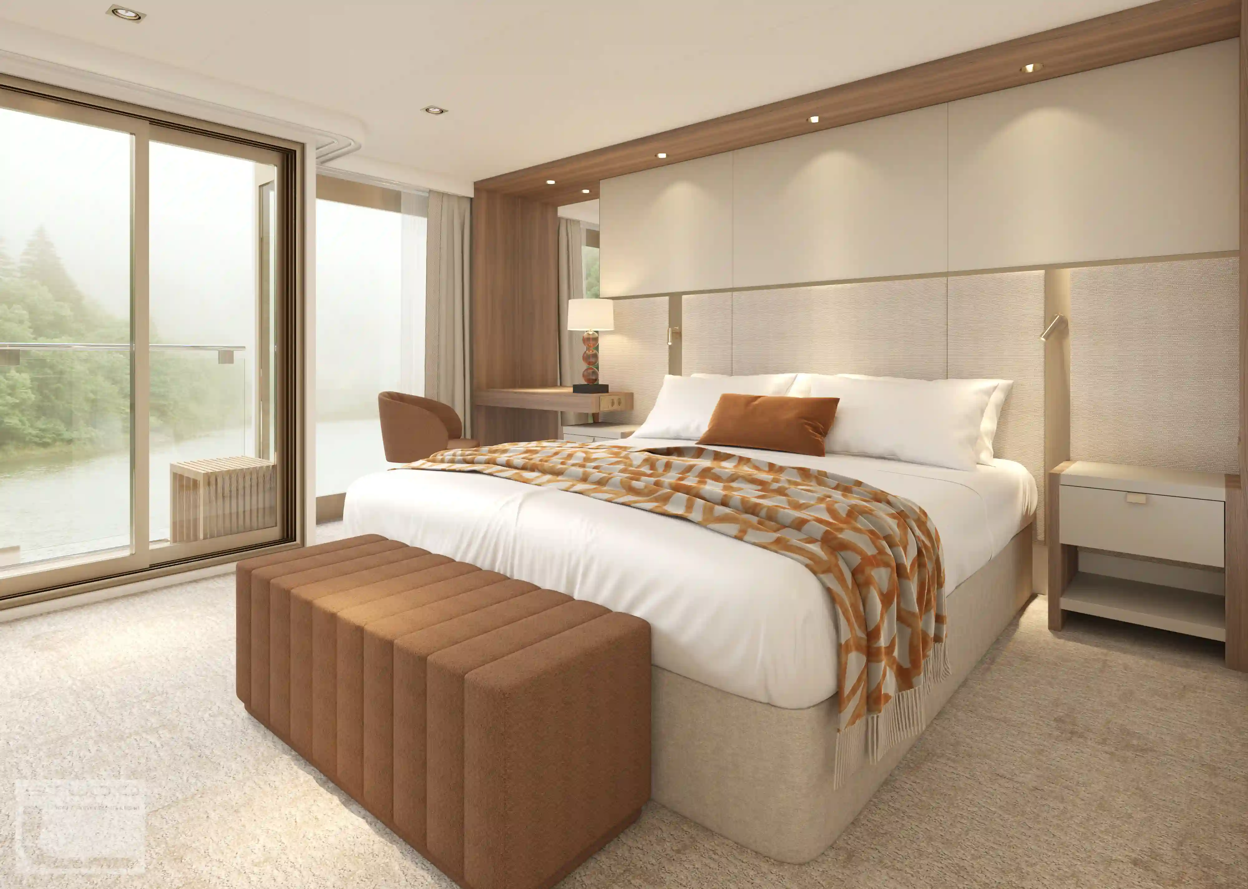 Cabine lumineuse avec lit double, espace salon et balcon privé donnant sur le fleuve