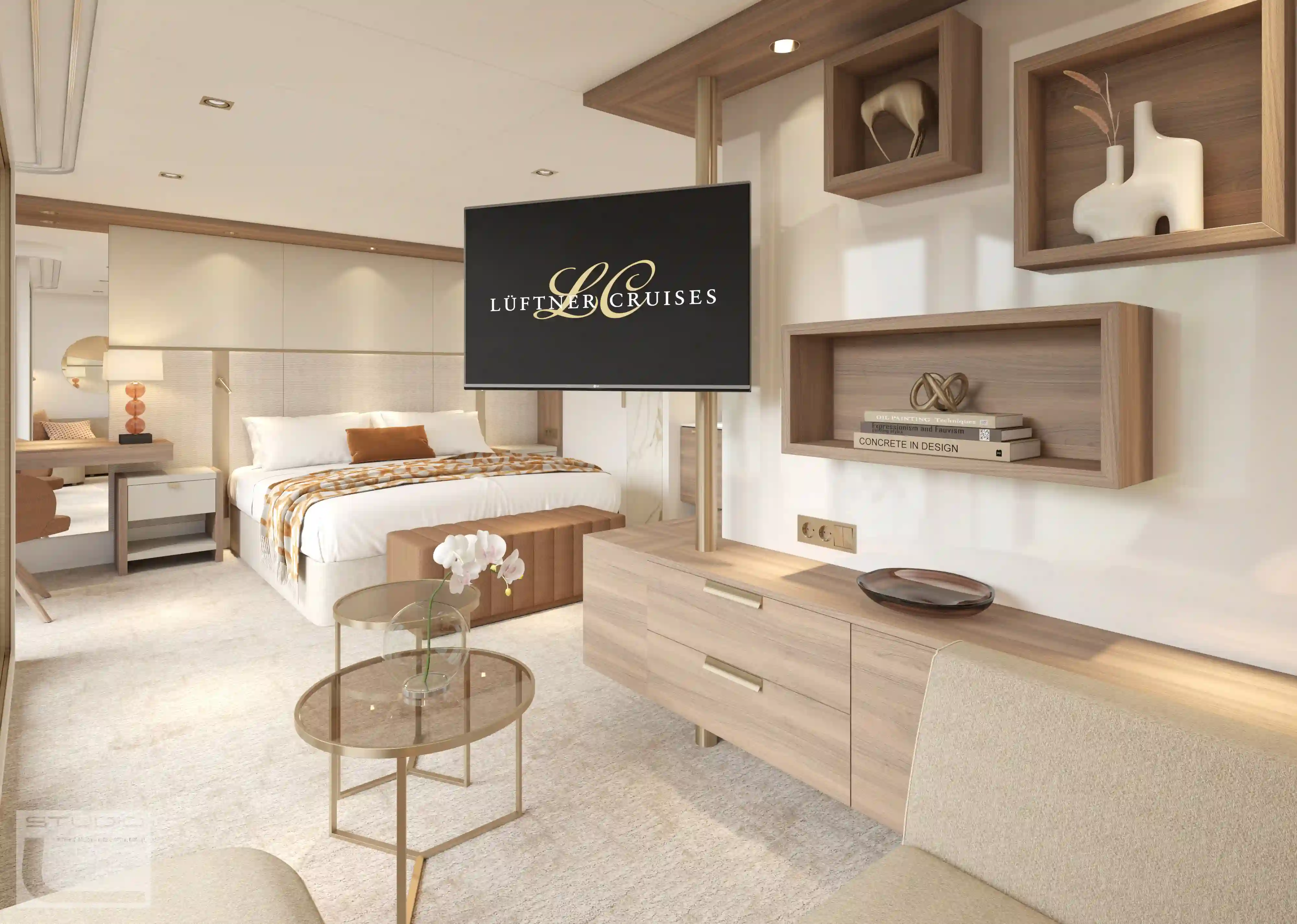 Suite spacieuse avec espace séjour, télévision et lit double haut de gamme