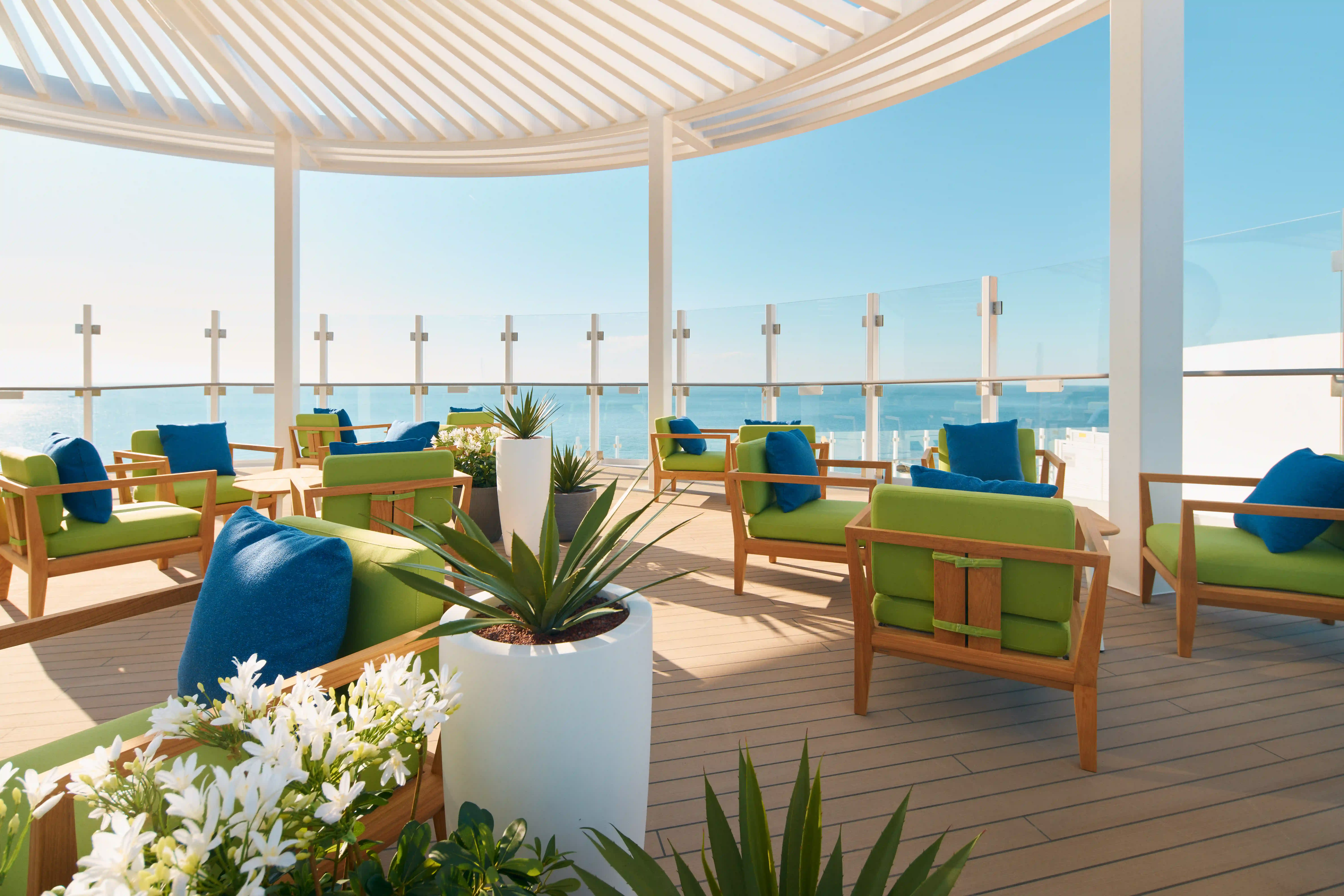 Salon extérieur couvert sur navire de croisière avec fauteuils, plantes et vue sur la mer