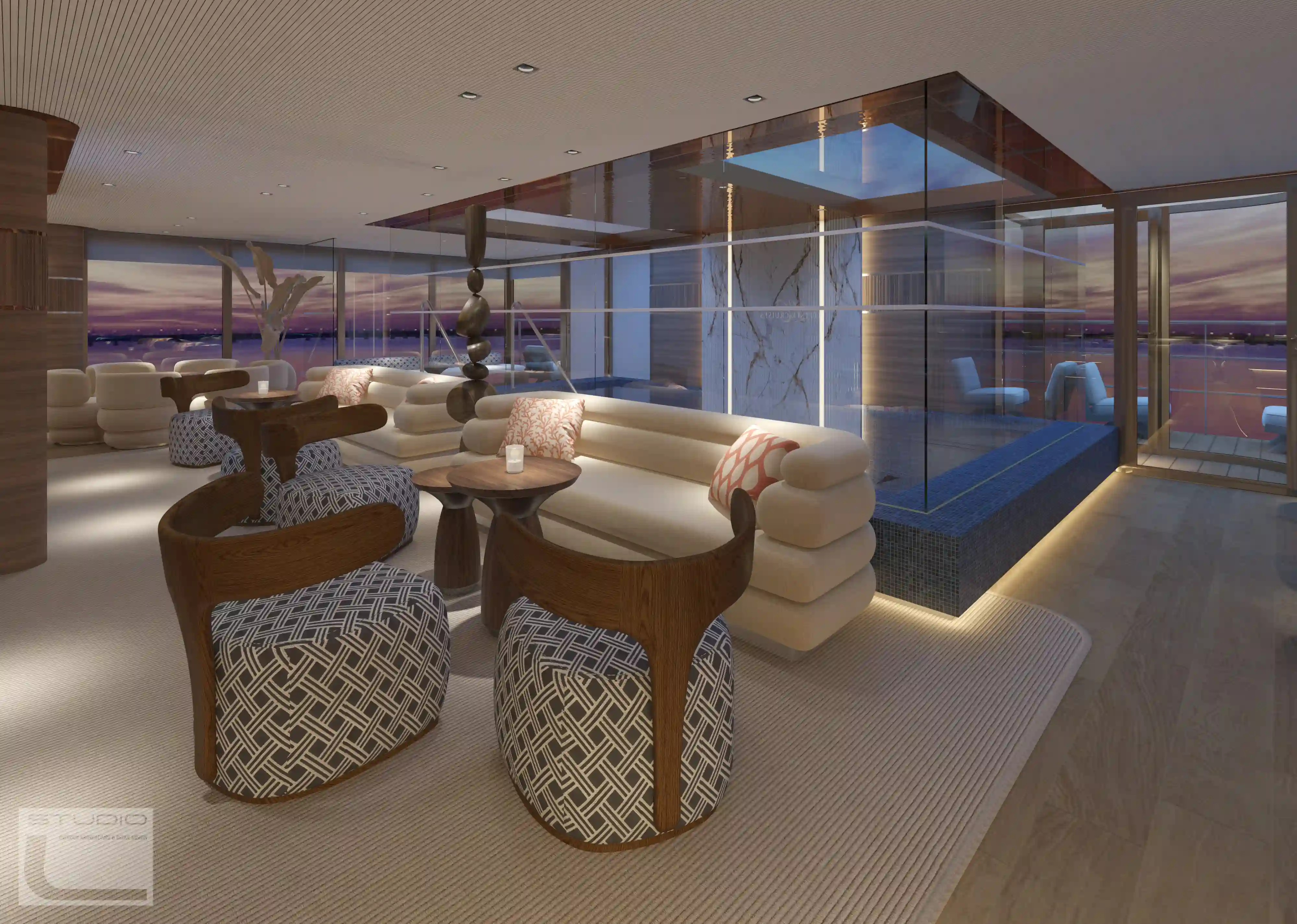 Pool- und Sitzbereich an Bord eines Flusskreuzfahrtschiffes