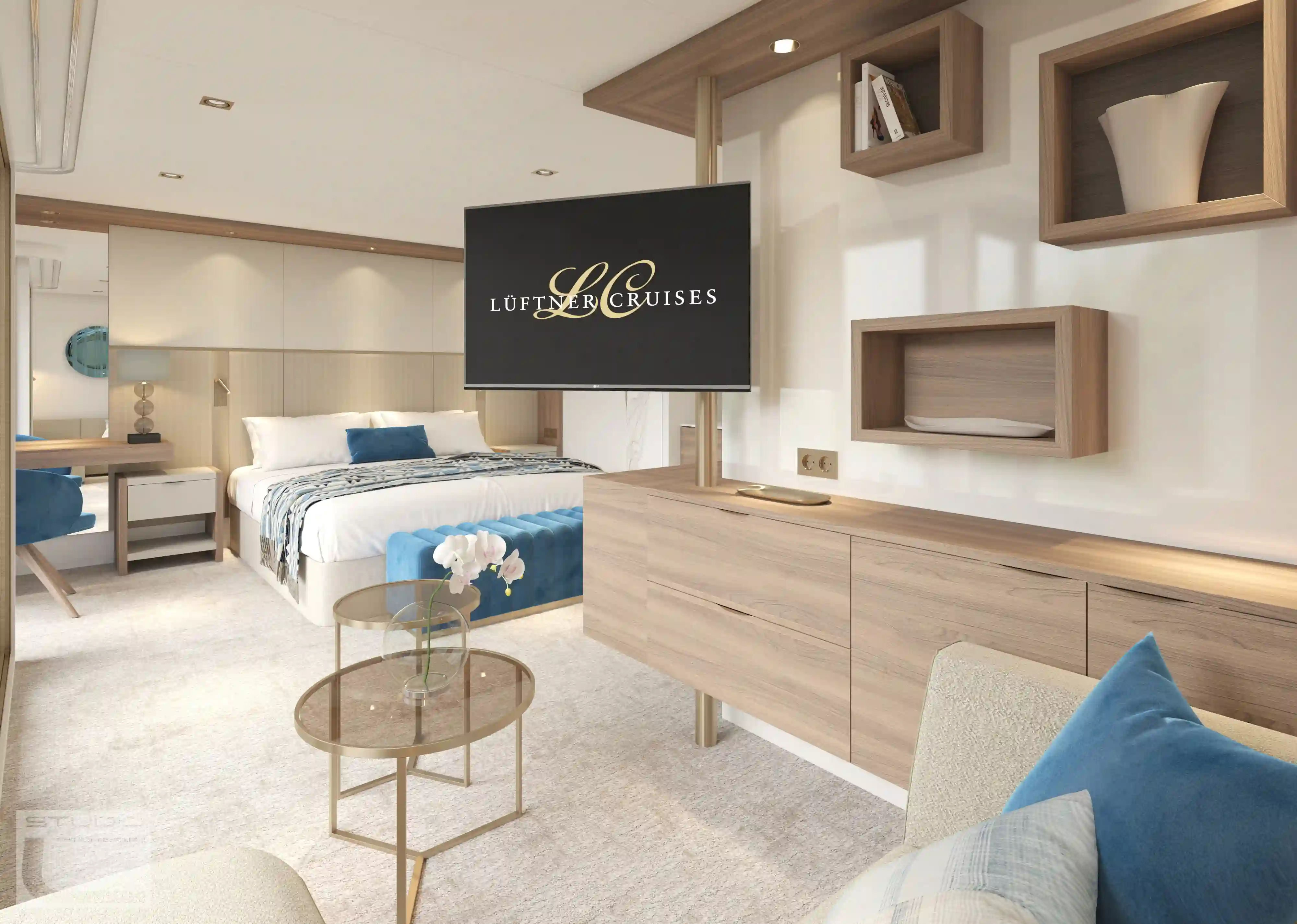 Komfortable Kabine mit Doppelbett und grossem Panoramafenster zum Fluss