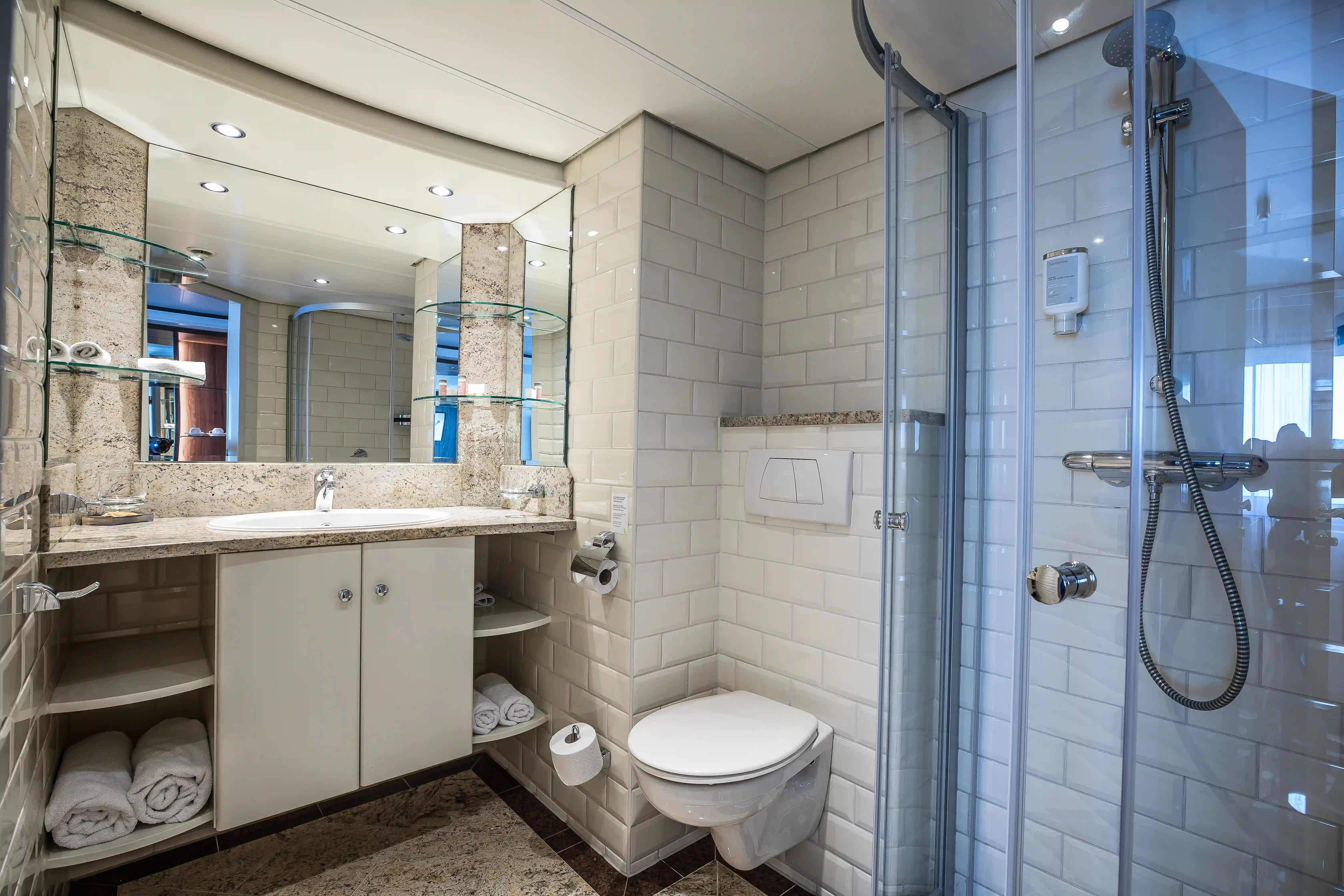 Funktionales Badezimmer einer Schiffskabine mit Dusche, Waschbecken, Spiegel und WC