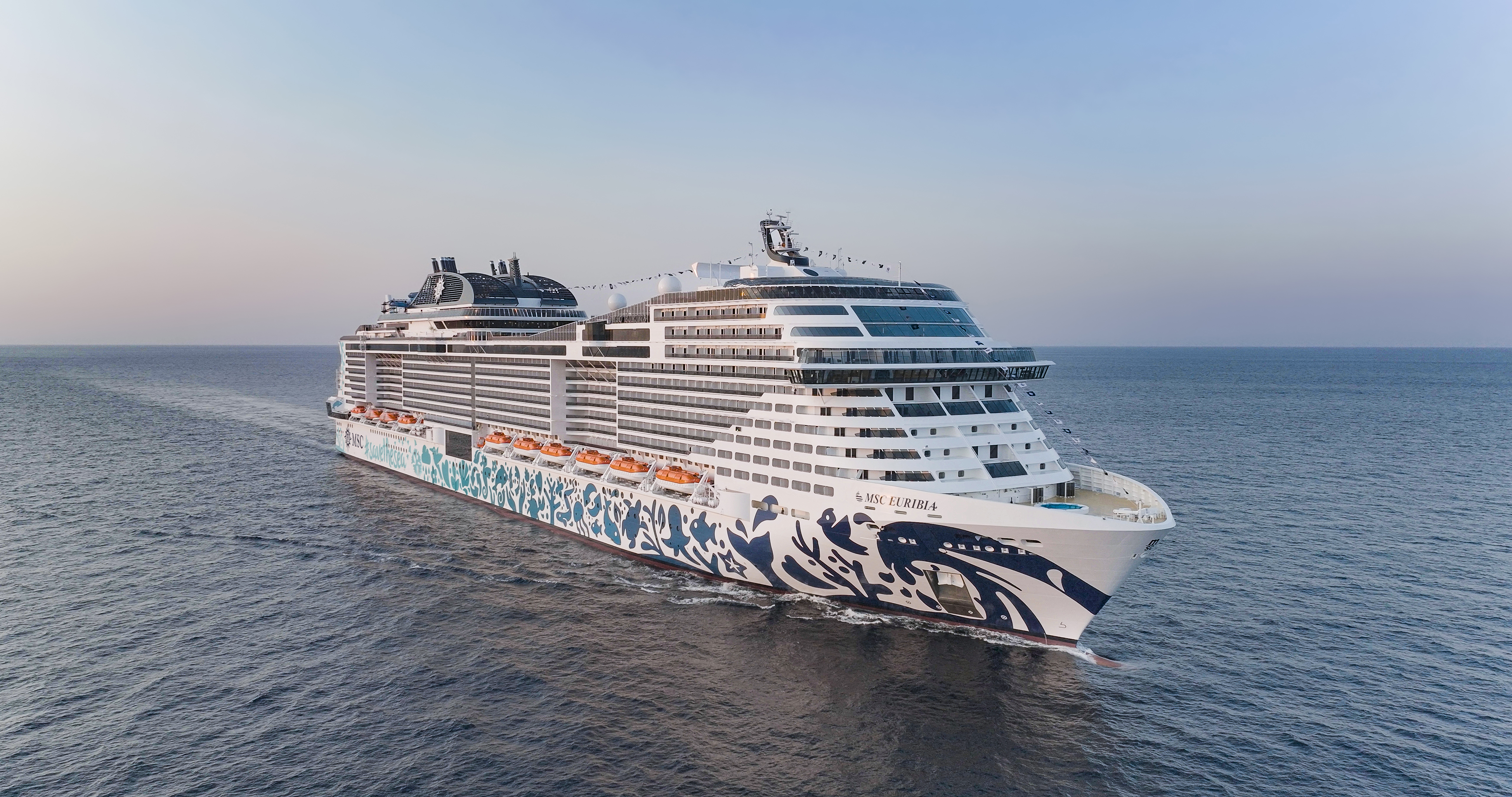 MSC Euribia mit kunstvoll bemaltem Schiffsrumpf auf hoher See