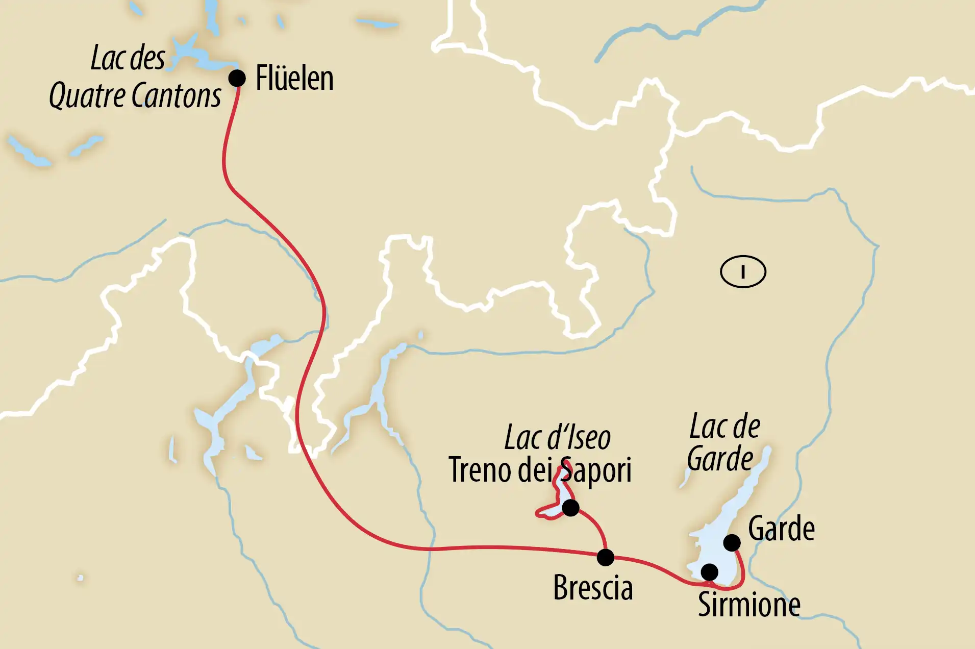 Carte de synthèse de litinéraire avec les étapes lac des Quatre Cantons Brescia lac dIseo et lac de Garde