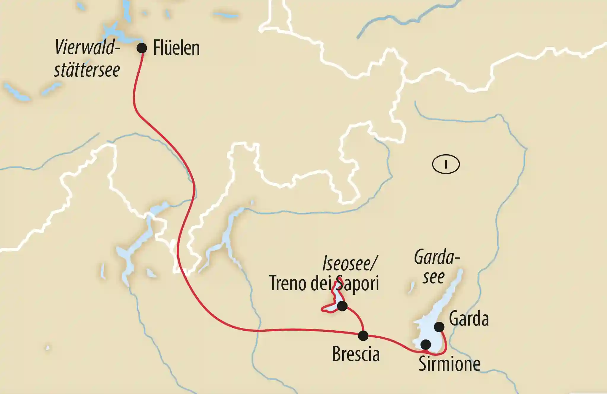Karte mit eingezeichneter Reiseroute vom Vierwaldstättersee über Brescia zum Iseosee und Gardasee