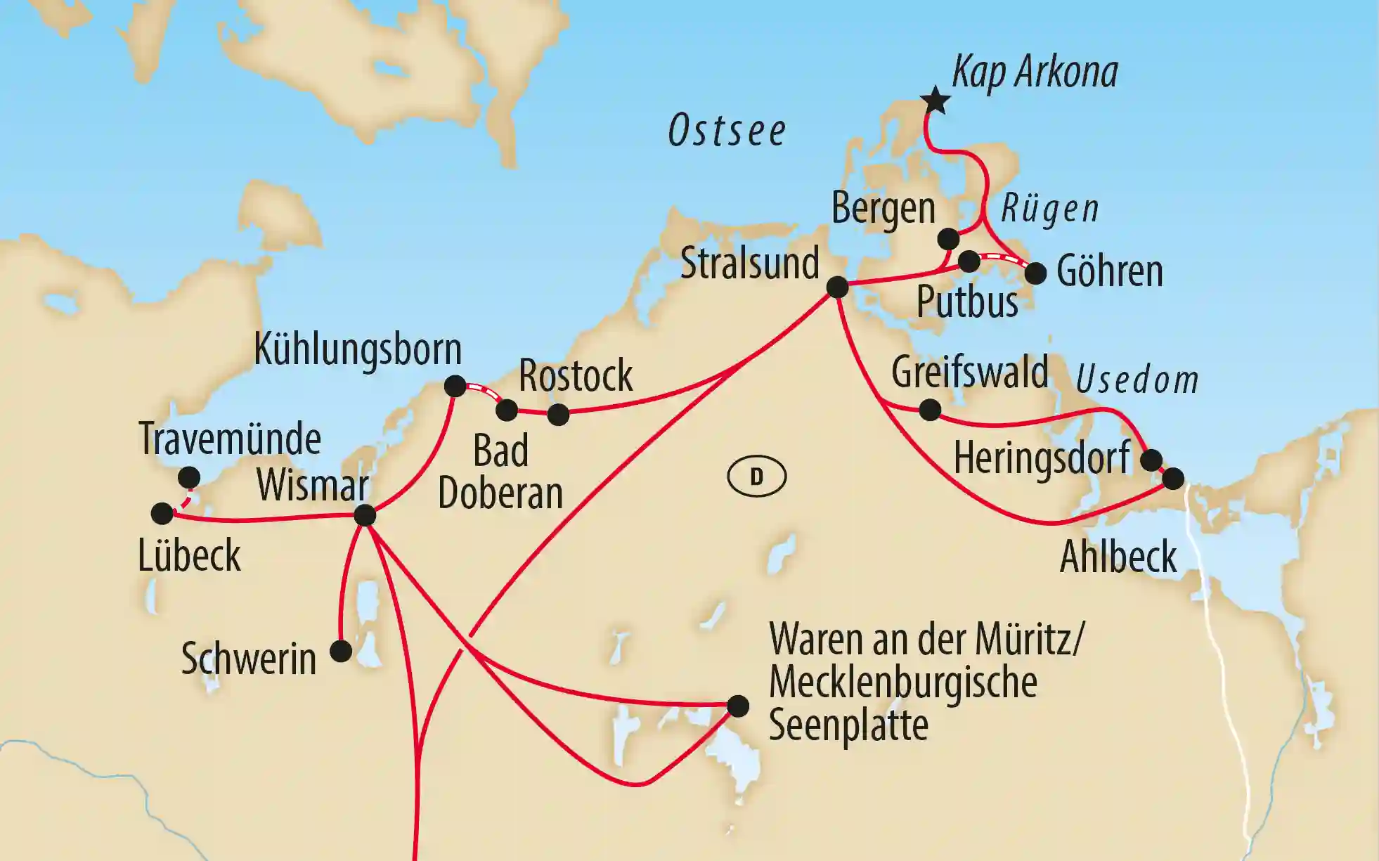 Karte der Ostseeküste mit Rügen, Usedom, Städten und Bahnverbindungen
