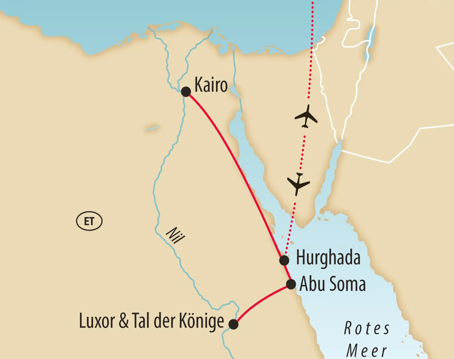 Karte von Ägypten mit markierten Flugrouten und Reisezielen wie Kairo, Luxor, Hurghada und Makadi Bay