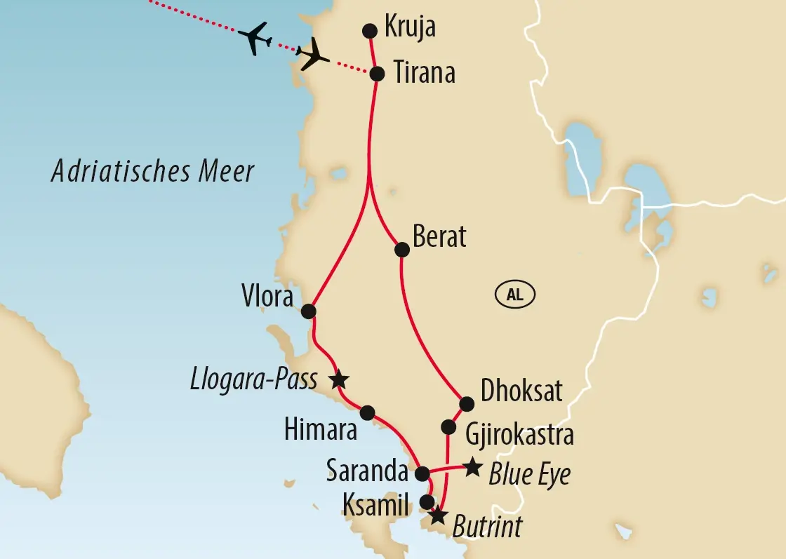 Karte von Albanien mit Reiseroute von Tirana über Berat und Gjirokastra bis zur Küste mit Saranda, Ksamil und Butrint.