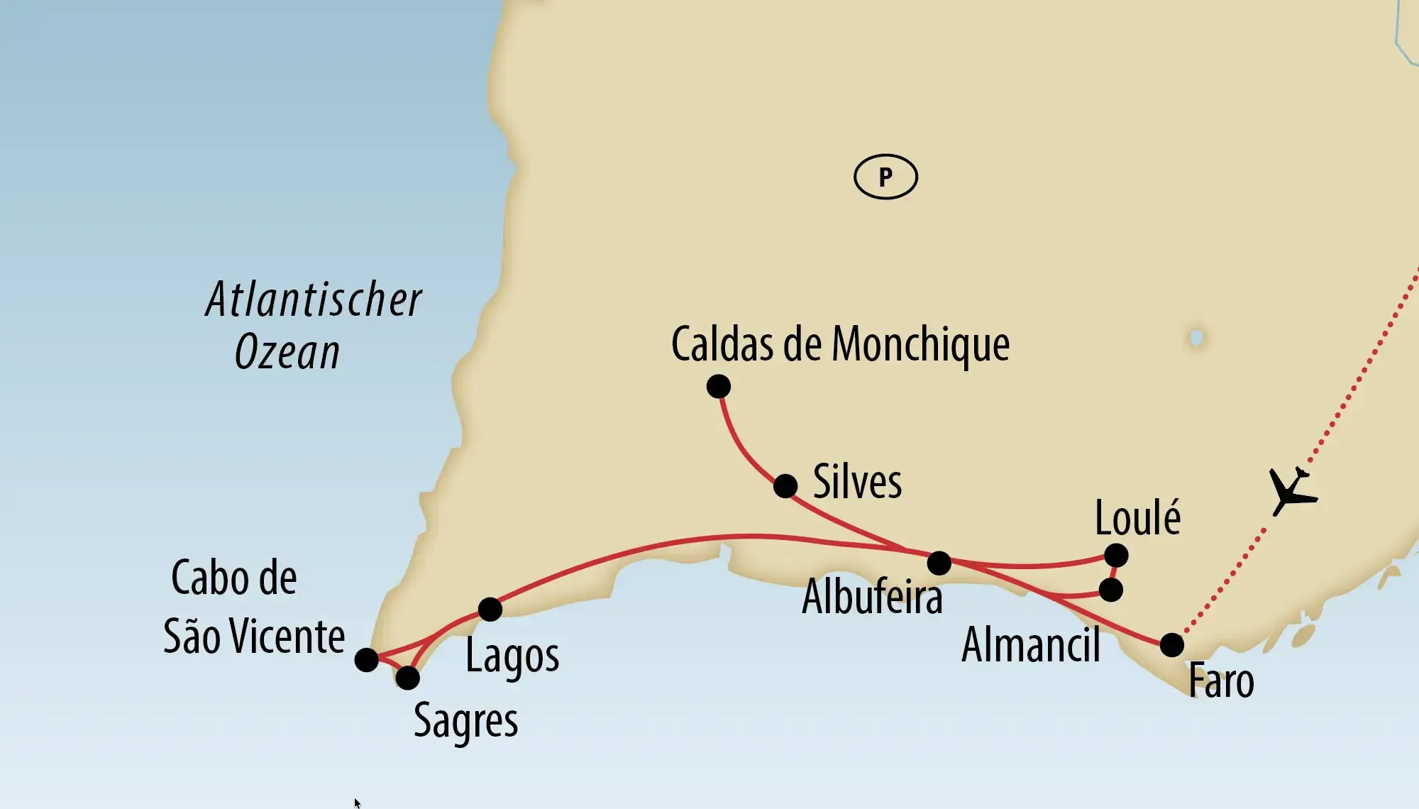 Karte der Algarve mit markierten Orten, Küste und eingezeichneter Reiseroute