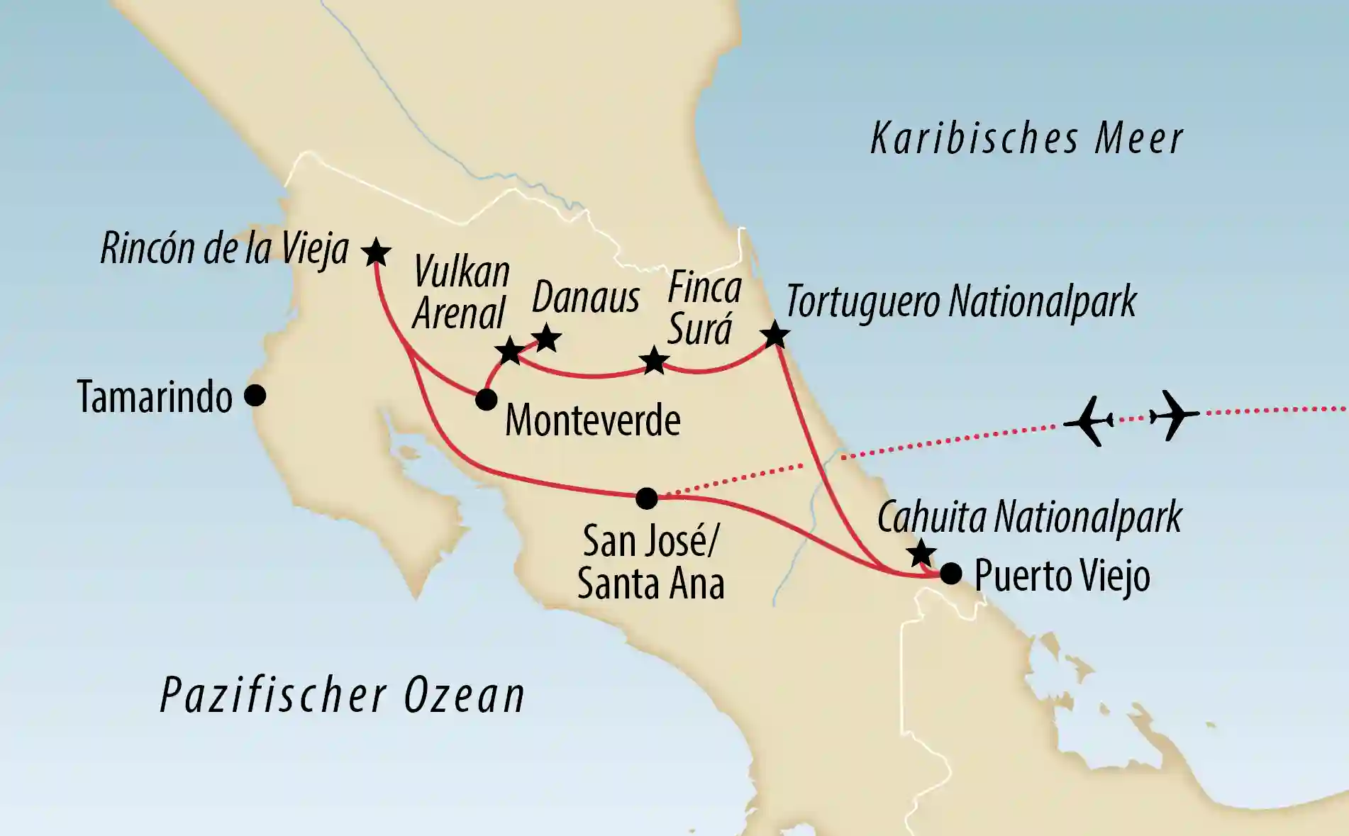 Übersichtskarte von Costa Rica mit markierter Reiseroute, Nationalparks und wichtigen Stationen