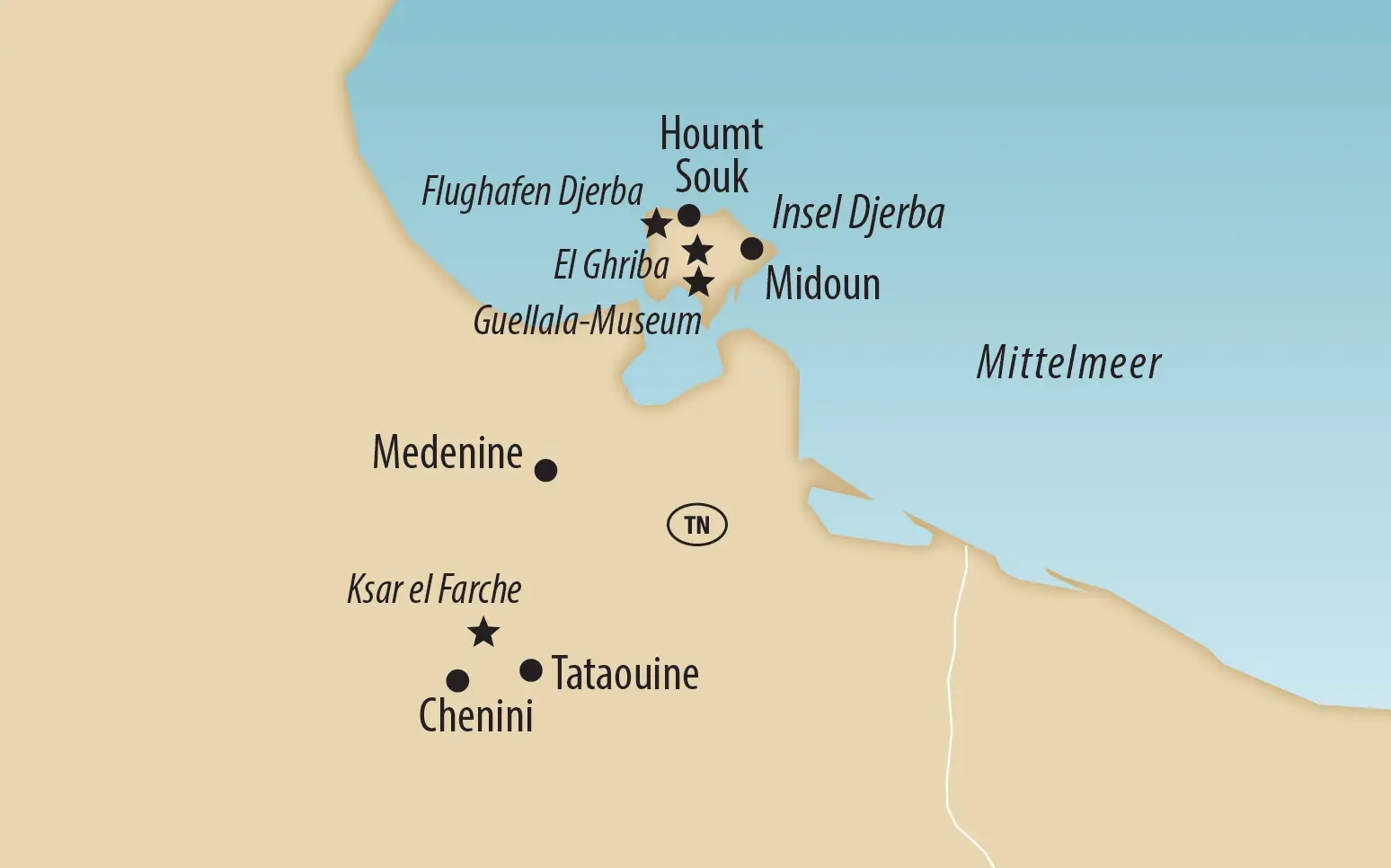 Karte der Insel Djerba mit wichtigen Orten und Sehenswürdigkeiten in Tunesien.