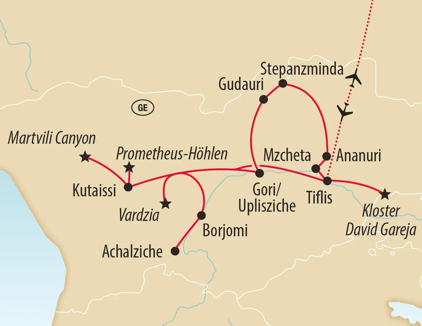 Karte von Georgien mit markierter Rundreise über Tiflis, Mzcheta, Gori, Gudauri, Borjomi, Achalziche, Kutaisi und Martvili Canyon
