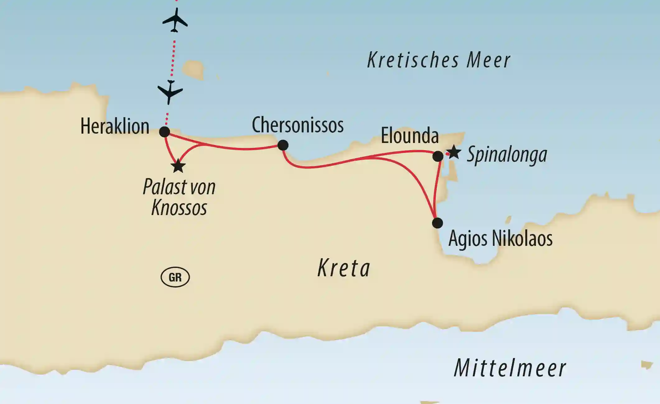 Karte von Kreta mit markierter Reiseroute zwischen Heraklion, Chersonissos, Elounda und Agios Nikolaos