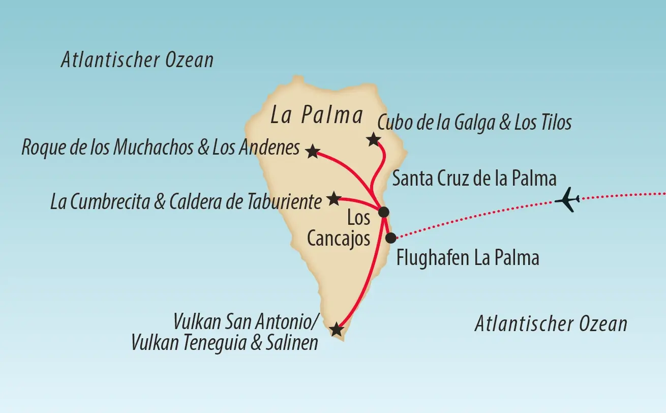 Übersichtskarte der Wanderreise auf La Palma mit den wichtigsten Etappen.