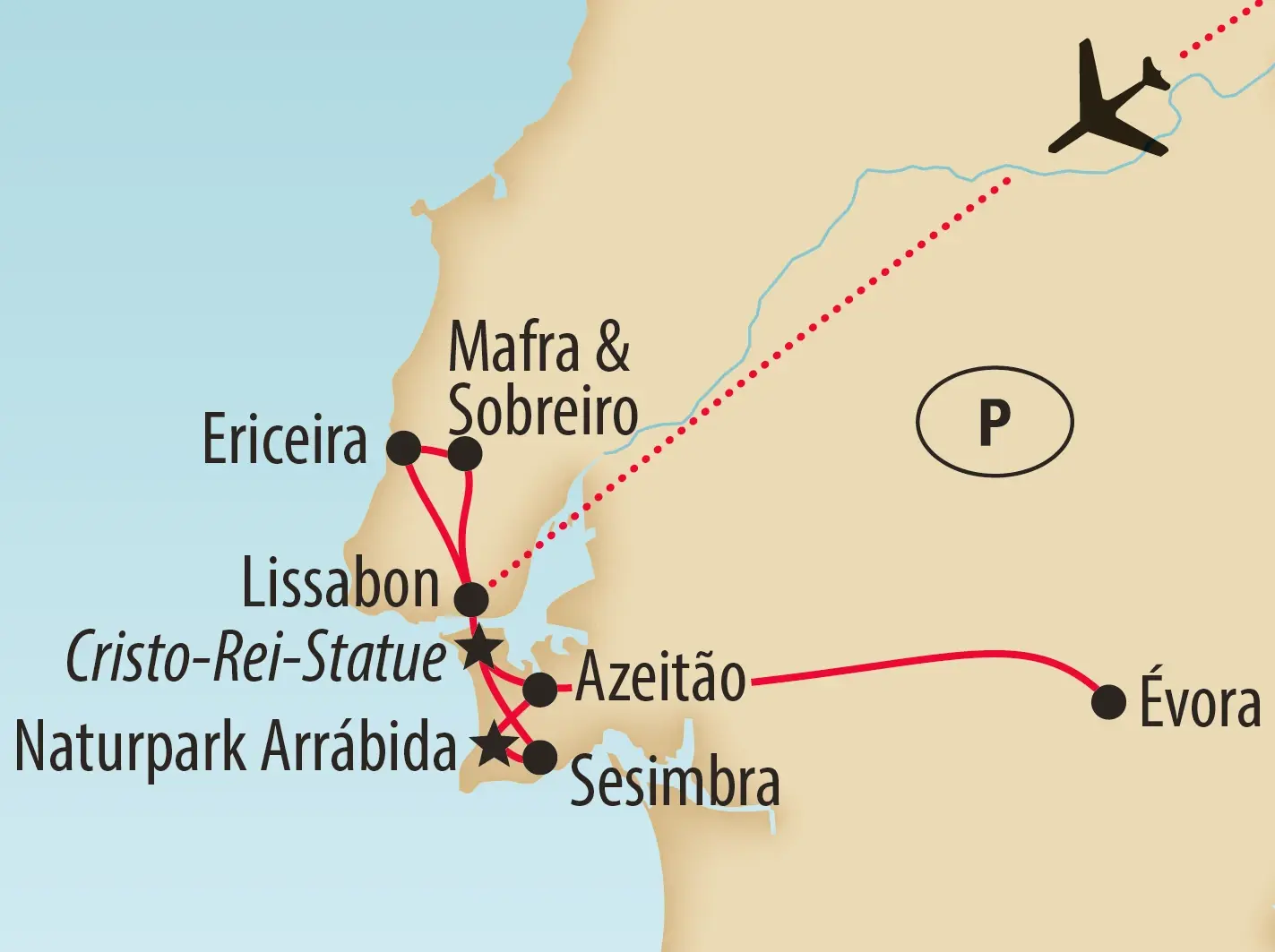 Karte mit der Reiseroute über Lissabon, Ericeira, Mafra, Évora, Sesimbra und den Naturpark Arrábida.