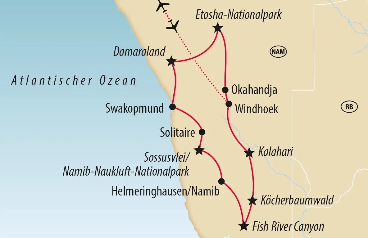 Karte der Rundreise durch Namibia mit den wichtigsten Stationen und Reiseroute.