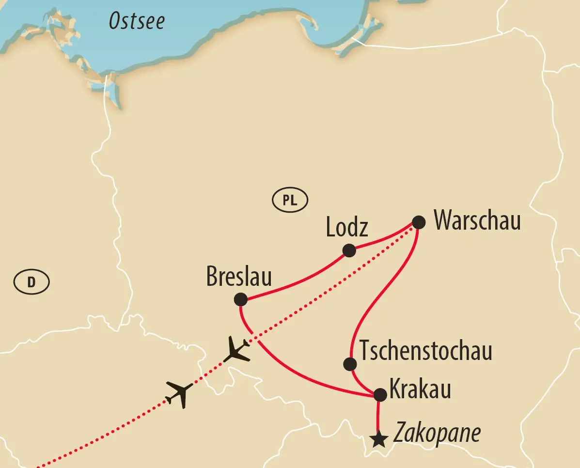 Karte von Polen mit Reiseroute über Breslau, Lodz, Warschau, Tschenstochau, Krakau und Zakopane.