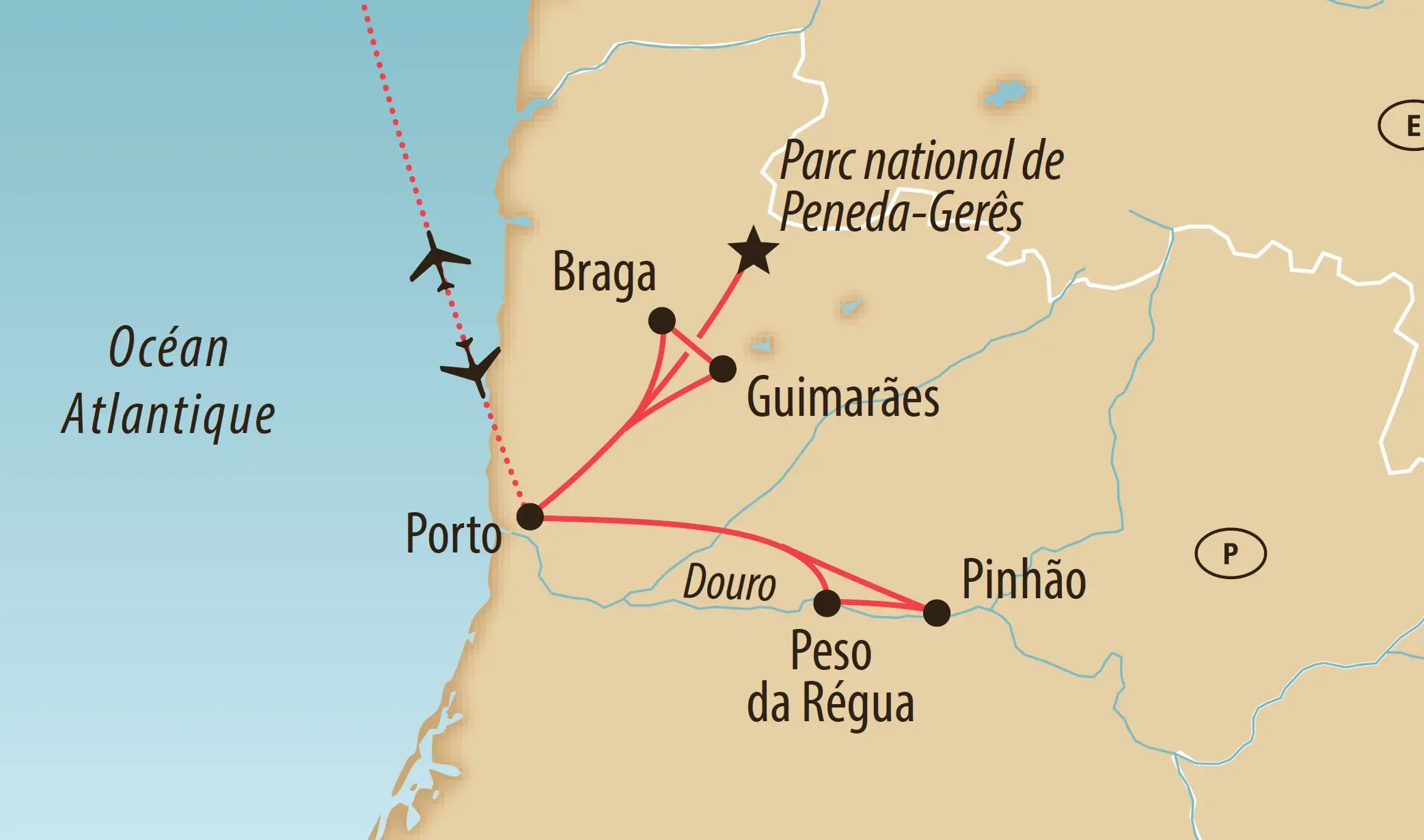 Carte du nord du Portugal avec itineraire trace entre Porto, Braga, Guimarães, Peso da Régua et Pinhão