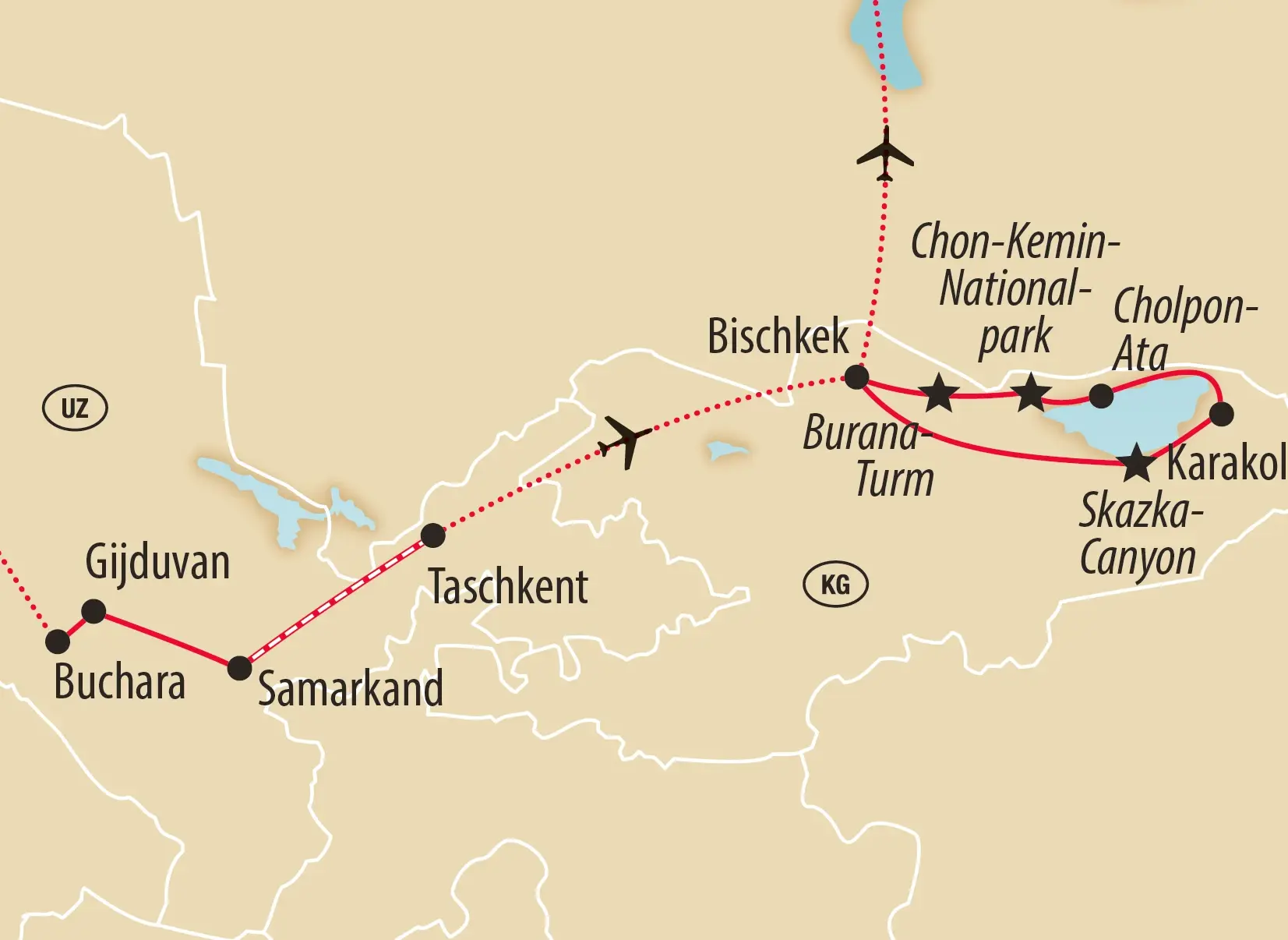 Karte der Reiseroute durch Usbekistan und Kirgisistan von Buchara bis Karakol.