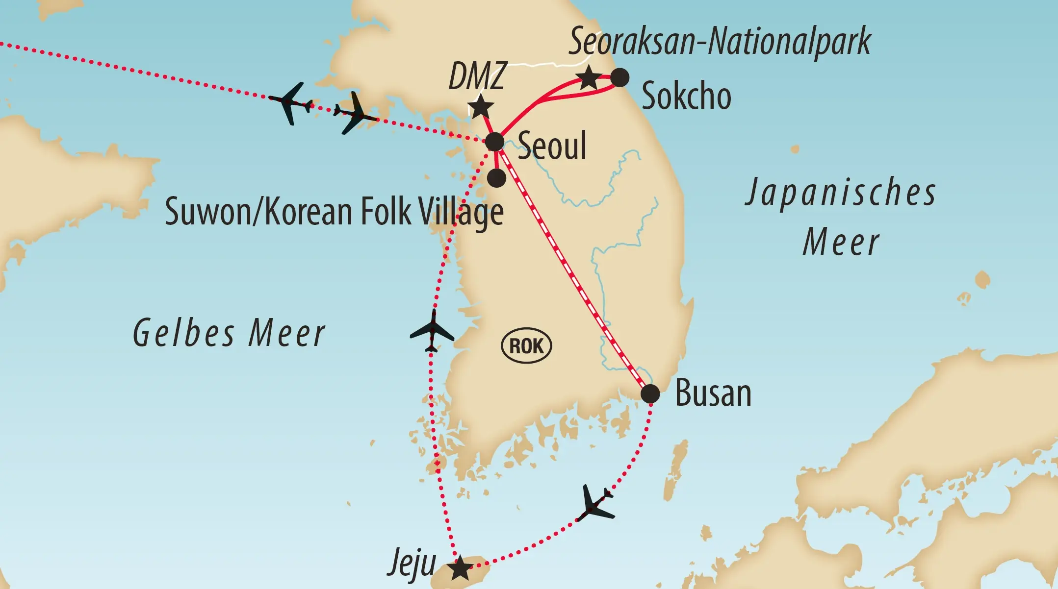Übersichtskarte der Rundreise durch Südkorea mit Reiseroute und Etappen.