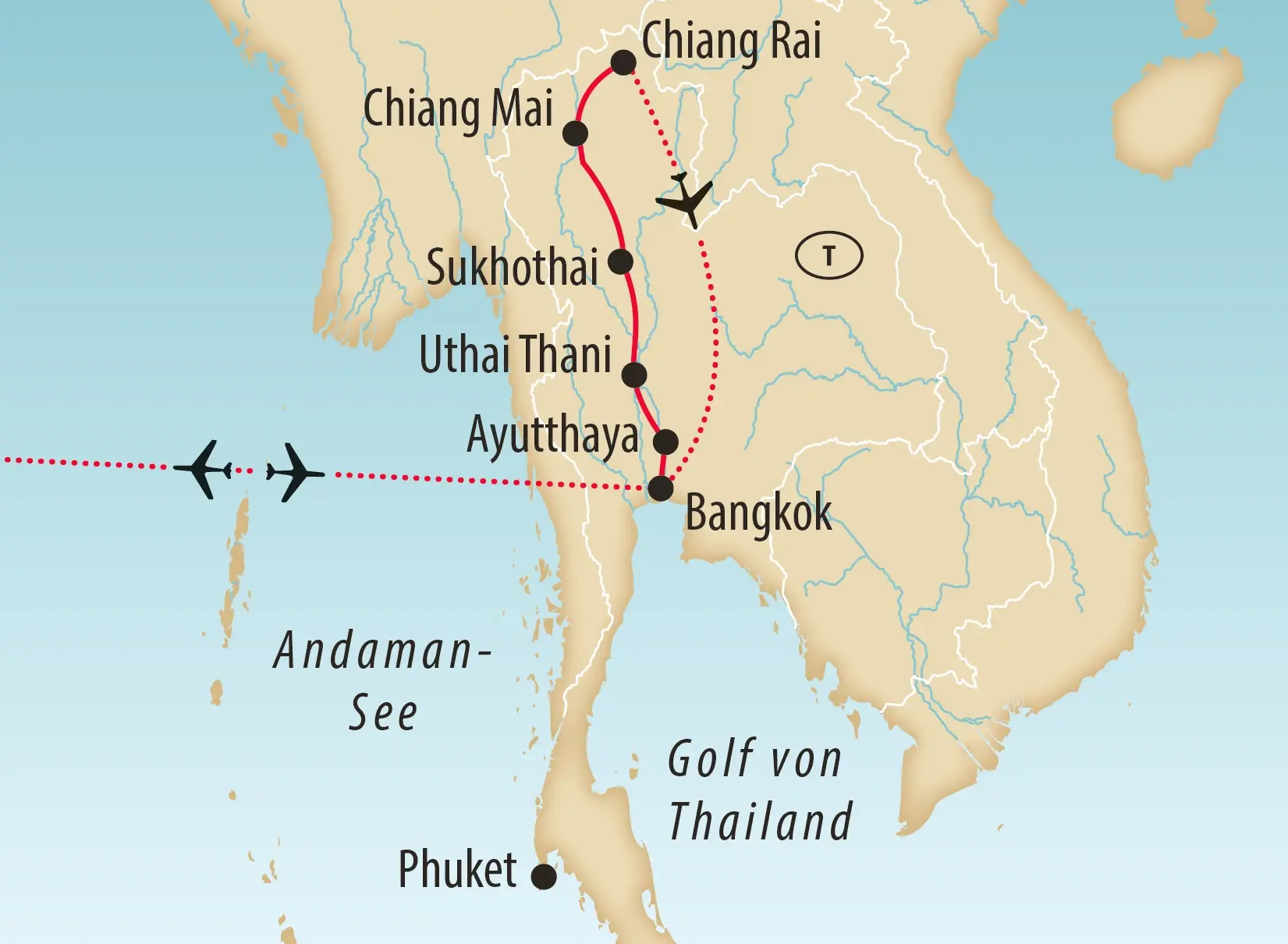 Karte von Thailand mit markierter Rundreiseroute von Bangkok über Chiang Mai bis Chiang Rai und Phuket