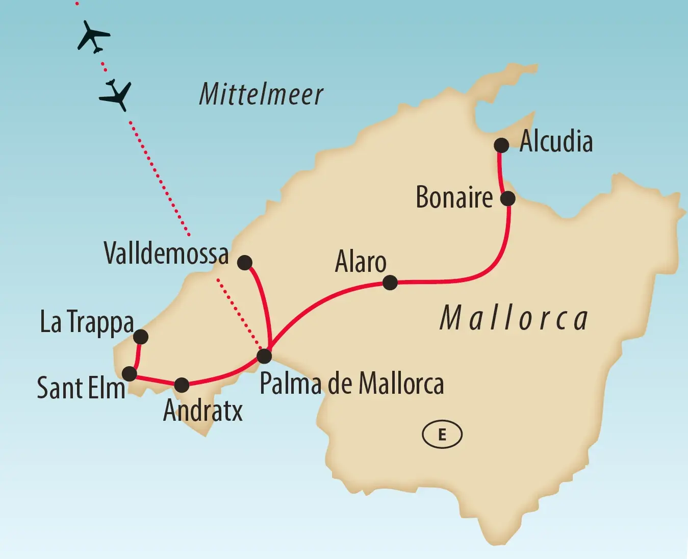 Übersichtskarte der Wanderreise auf Mallorca mit den wichtigsten Etappen.