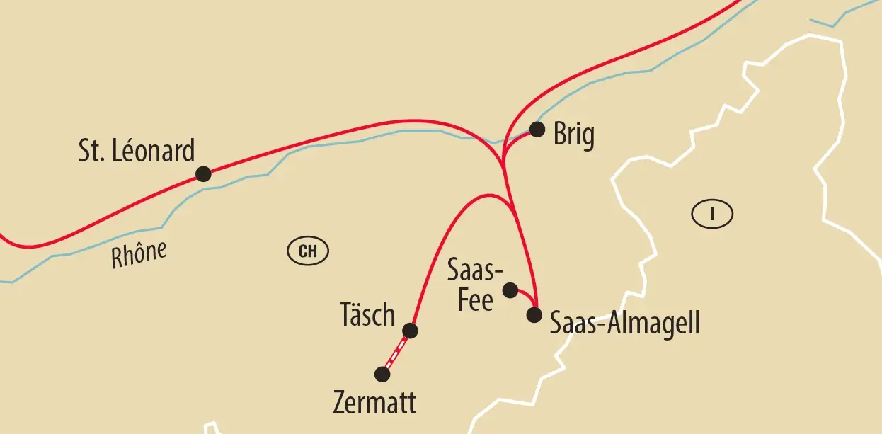 Karte einer Reiseroute in den Alpen mit Stationen in Ellmau Hartkaiser, St Johann, Oberndorf, Kitzbühel und Zell am See, verbunden durch eine rote Strecke