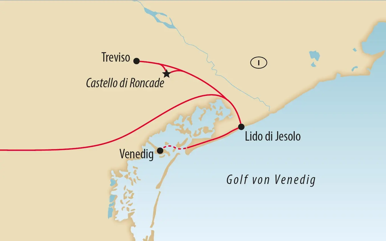 Karte der Reiseroute über Venedig, Lido di Jesolo, Treviso und das Castello di Roncade.