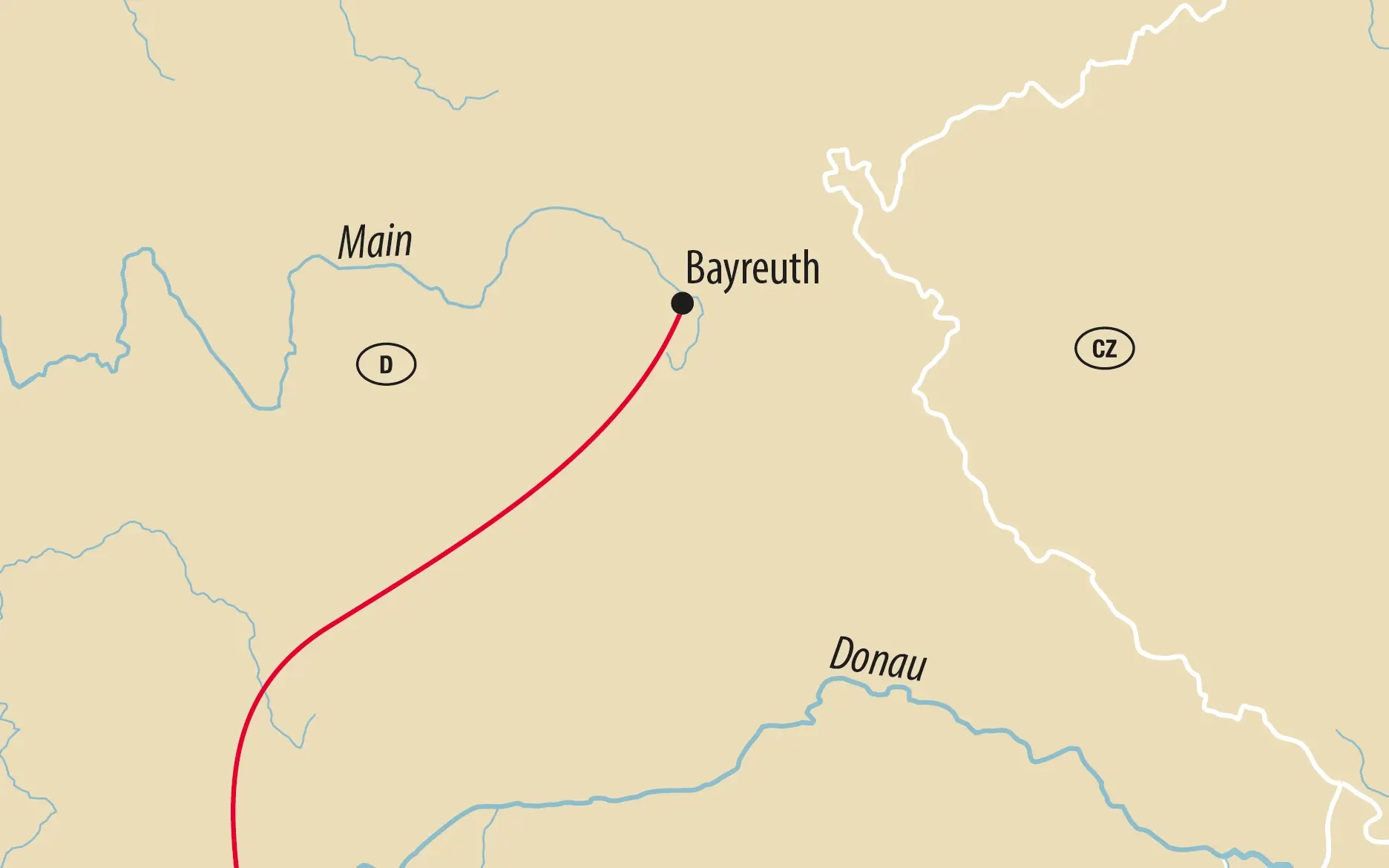 Übersichtskarte mit roter Reiseroute nach Bayreuth, eingezeichnet sind Main und Donau sowie Landesgrenzen.