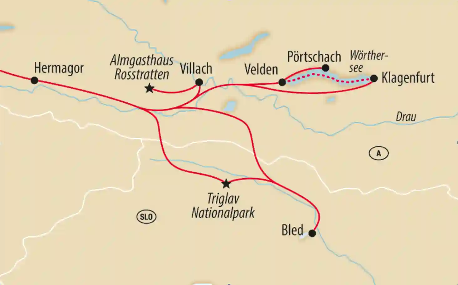 Routenkarte durch Kärnten und Slowenien mit Stationen wie Villach, Wörthersee, Velden, Bled und dem Triglav Nationalpark