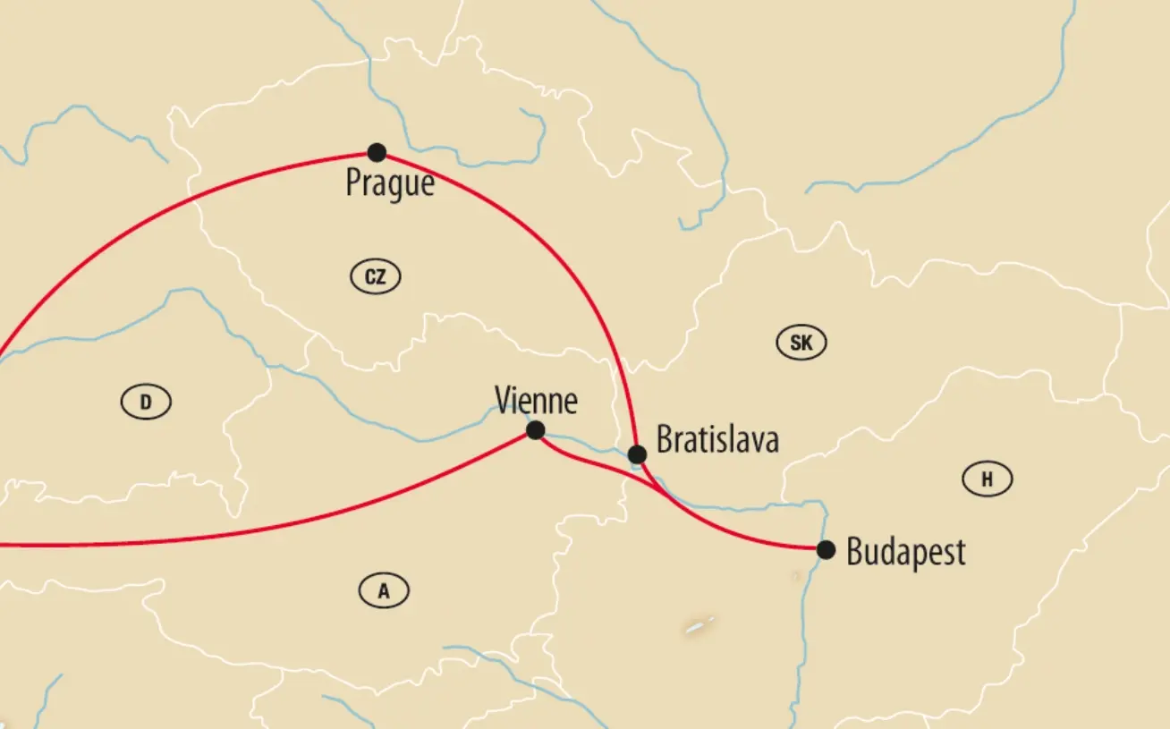 Carte densemble dun itinéraire de voyage en Europe centrale avec des étapes à Prague, Vienne, Bratislava et Budapest