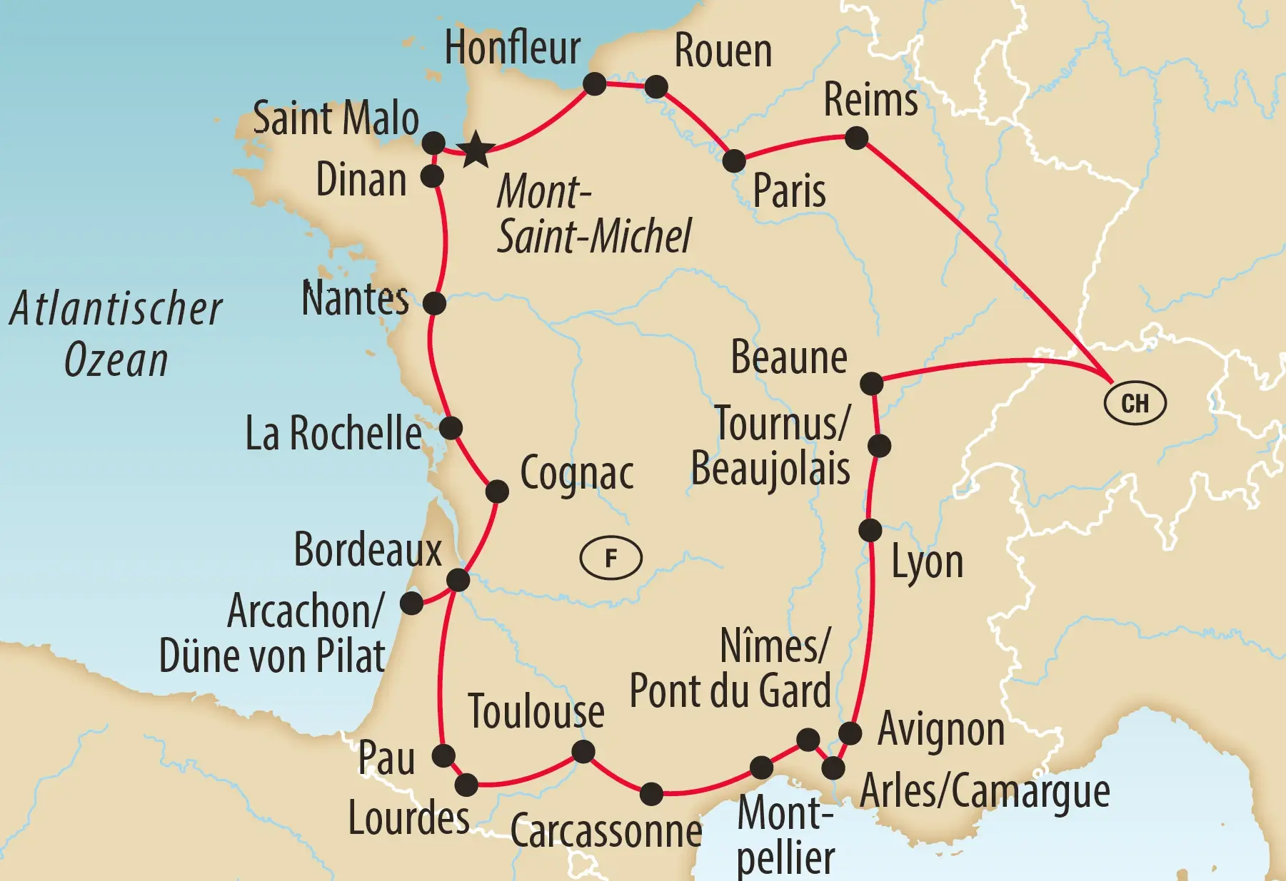 Karte von Frankreich mit Reiseroute über Paris, Normandie, Bretagne, Bordeaux, Okzitanien, Provence und Burgund.