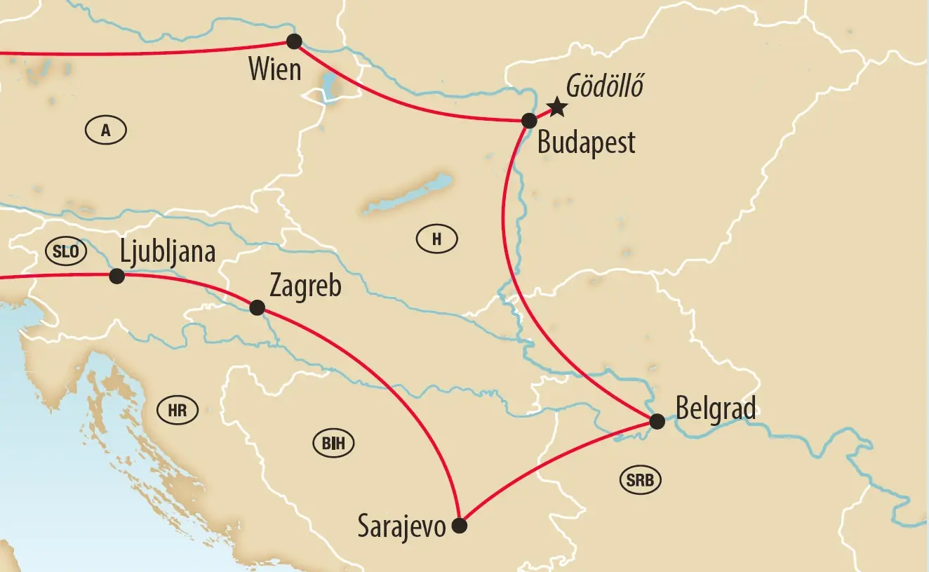 Reiseroute durch Wien, Budapest, Belgrad, Sarajevo, Zagreb und Ljubljana.