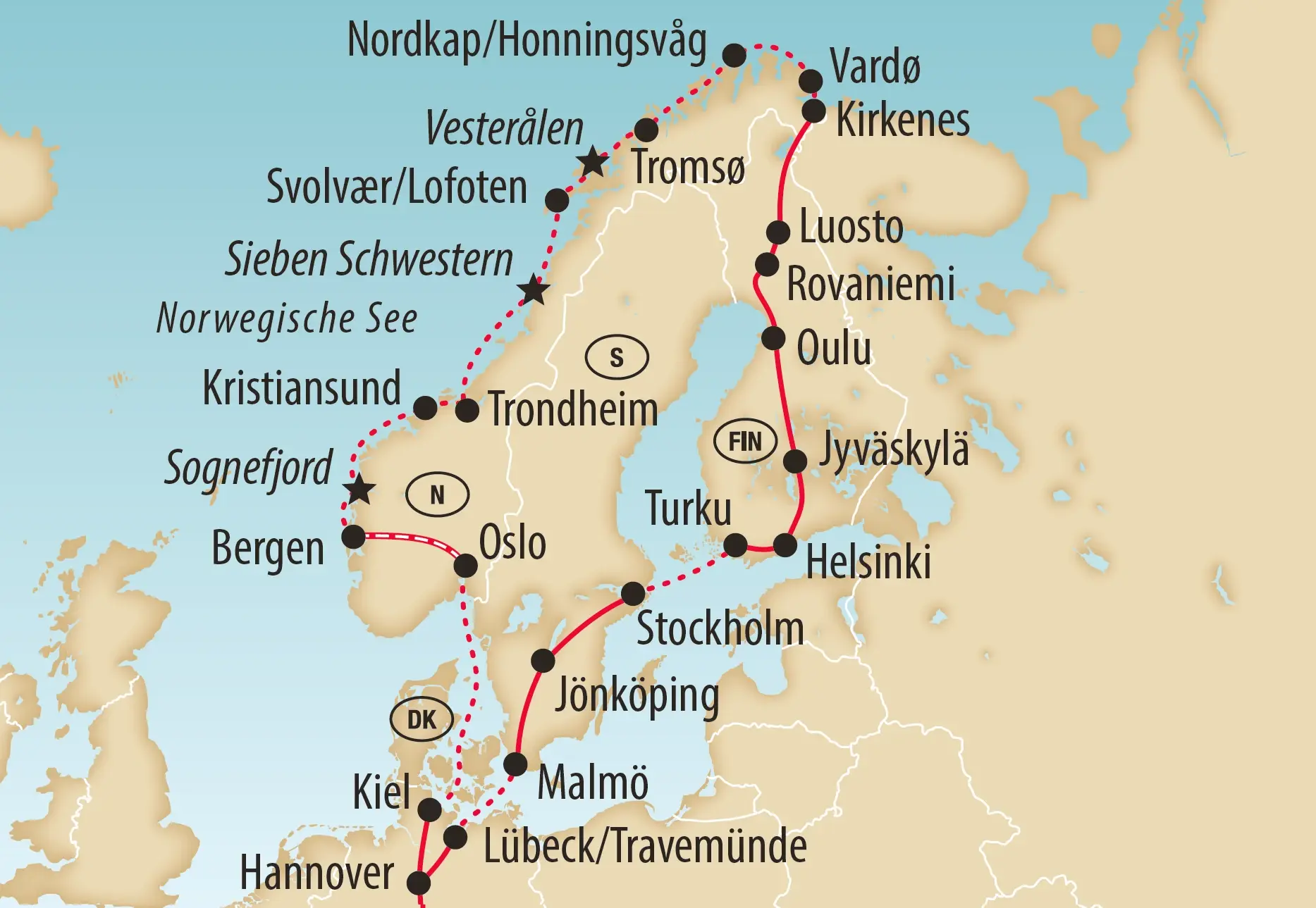 Übersichtskarte der Hurtigruten-Rundreise durch Norwegen, Finnland, Schweden und Dänemark.