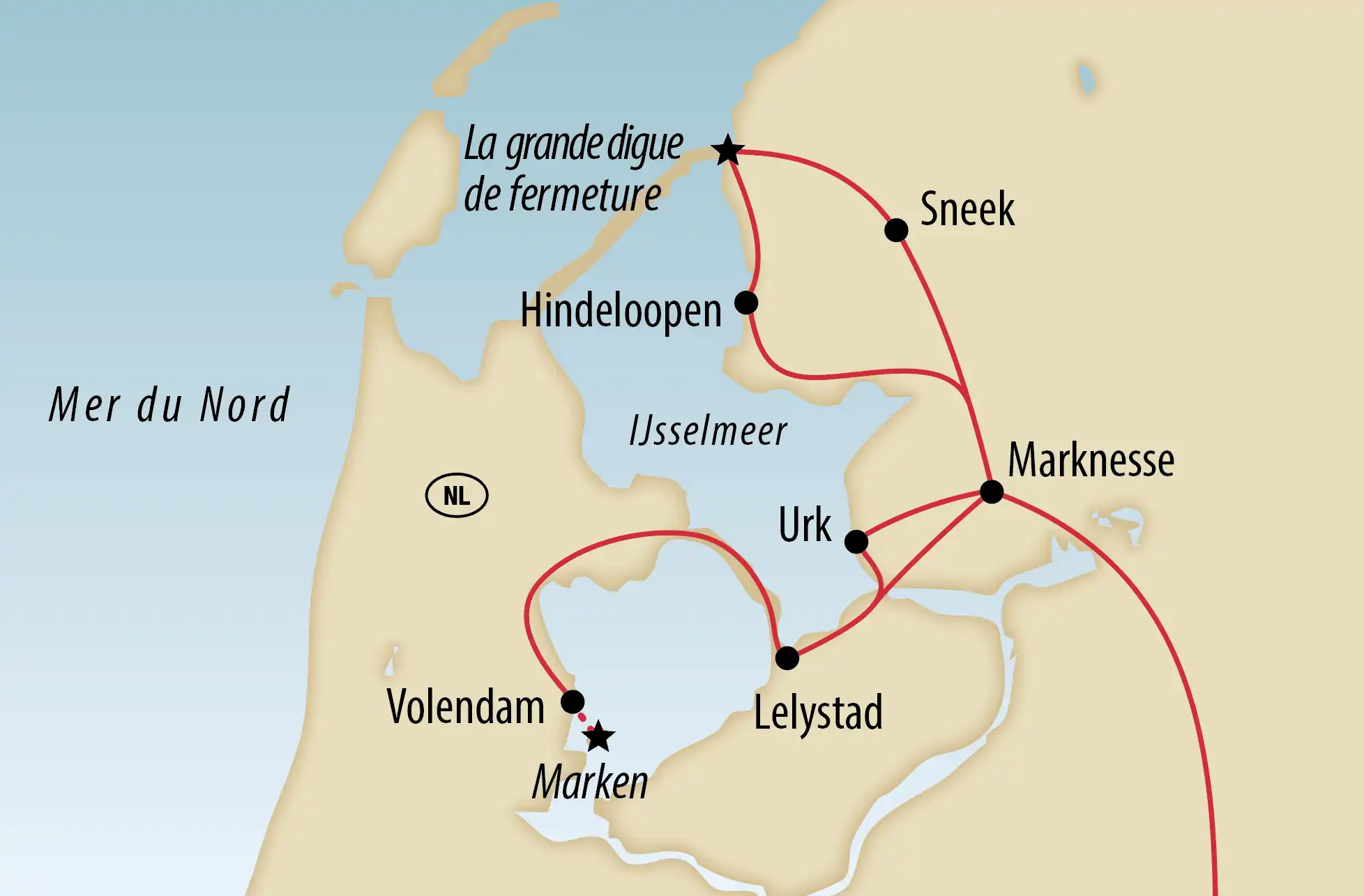 Carte avec itinéraire autour de l'IJsselmeer