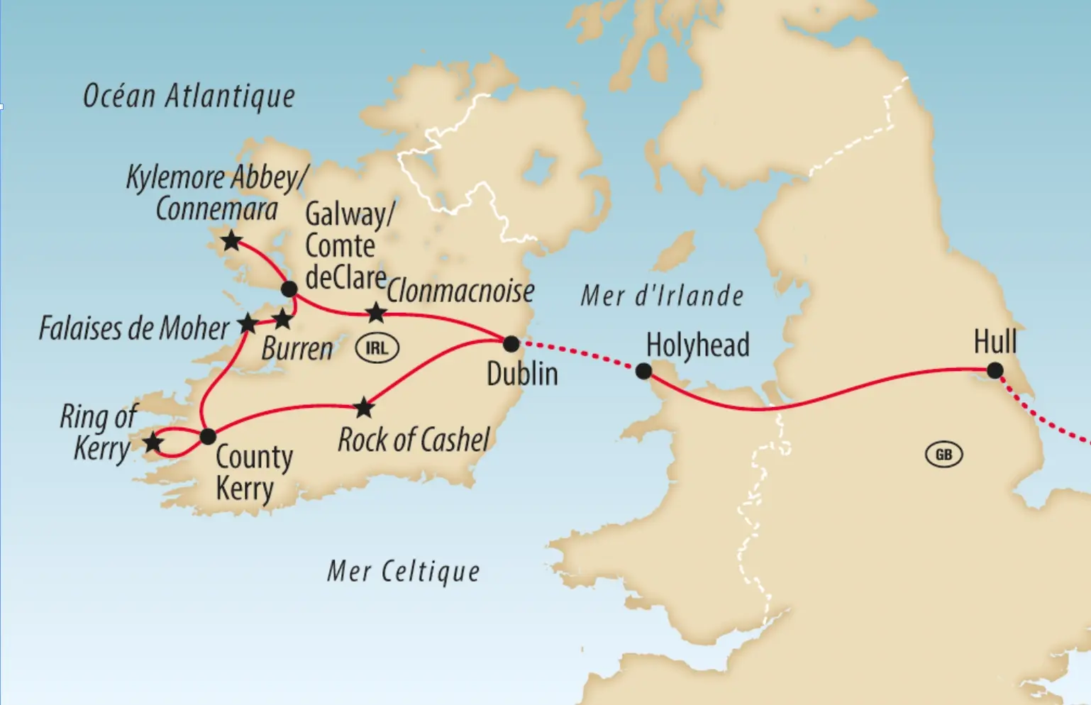 Carte dun circuit à travers l'Irlande et la Grande-Bretagne avec étapes indiquées