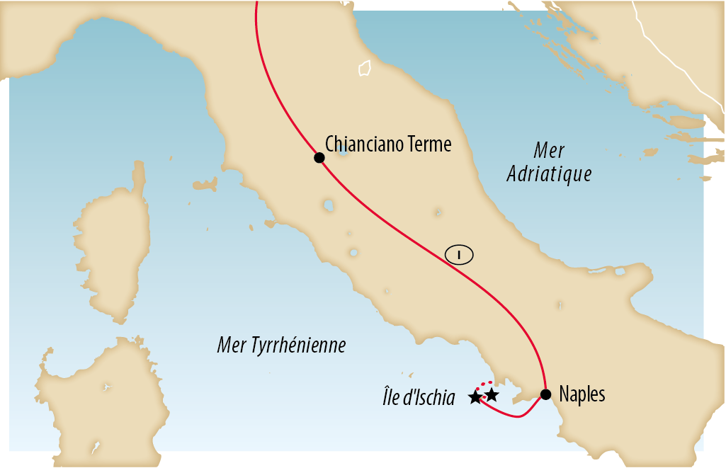 Carte de l Italie montrant l itinéraire de Montecatini Terme et Chianciano Terme vers Naples ainsi que la liaison vers l île d Ischia.