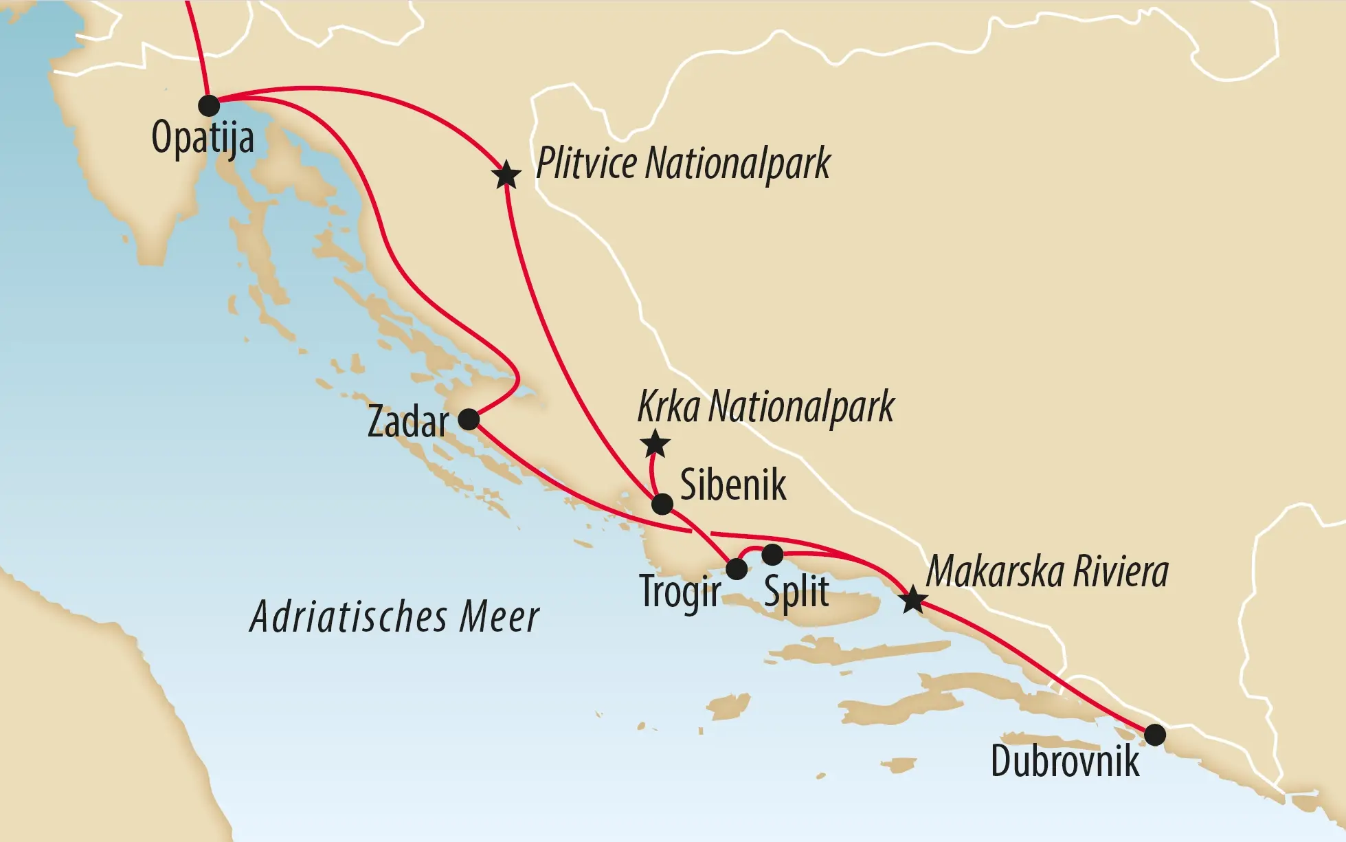 Karte einer Reiseroute entlang der kroatischen Adriaküste von Opatija bis Dubrovnik mit Stationen in Zadar, Sibenik, Trogir, Split sowie Abstechern zum Plitvice Nationalpark, Krka Nationalpark und zur Makarska Riviera